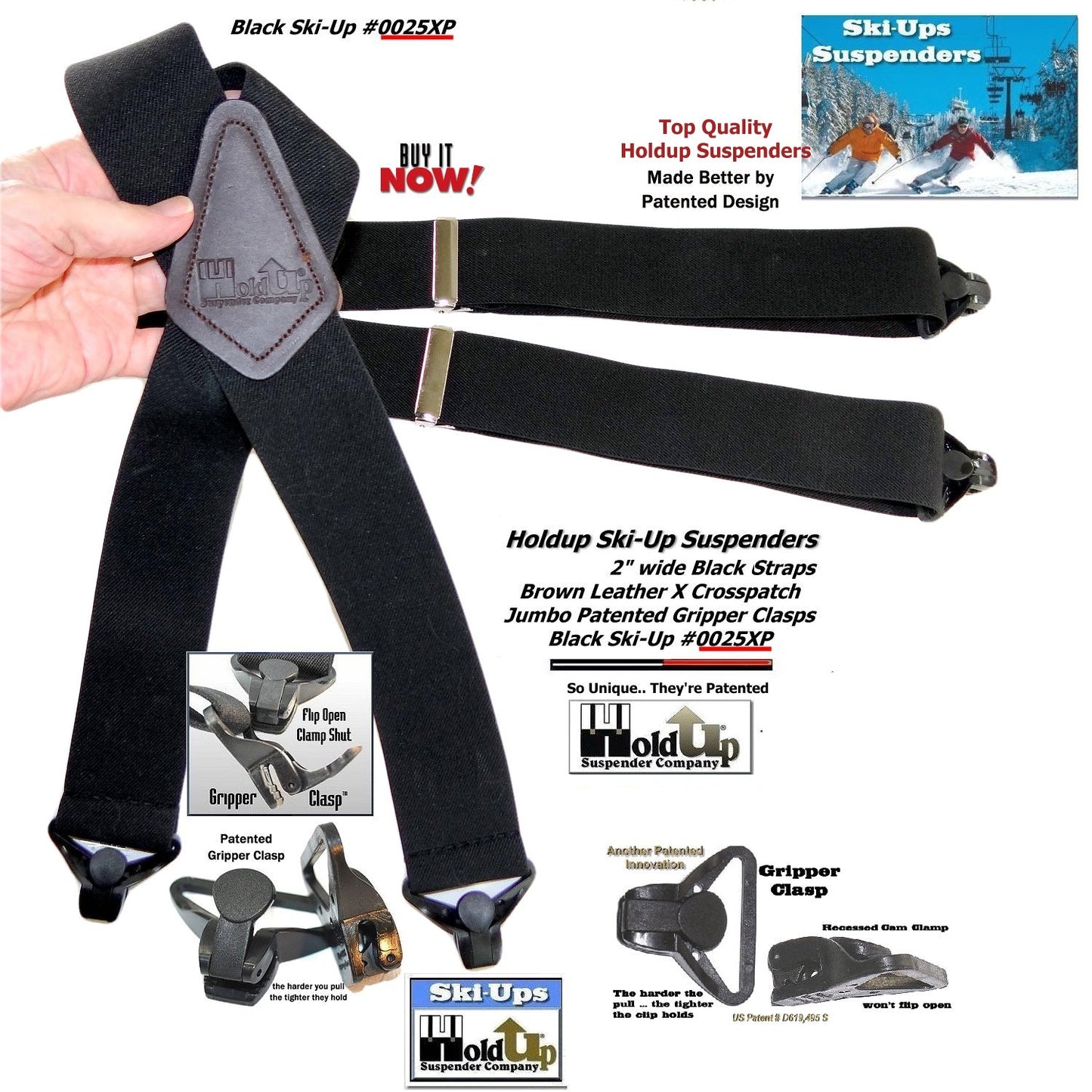 Holdup Brand 2 inch wide Black X-Back Ski-Up Suspenders With USA patented Jumbo Black Gripper Clasps