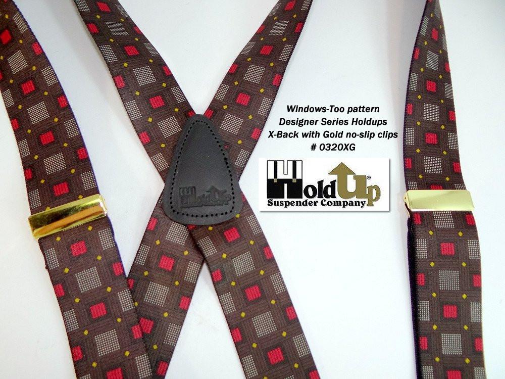 Hold-Ups Windows Too Pattern X-back 1 3/8" wide Susprnders with USA Patented No-slip Gold Clips
