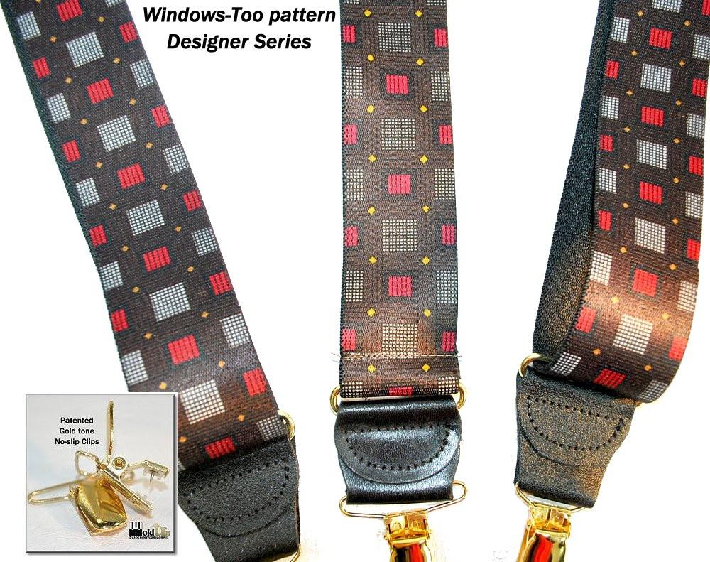 Hold-Ups Windows Too Pattern X-back 1 3/8" wide Susprnders with USA Patented No-slip Gold Clips
