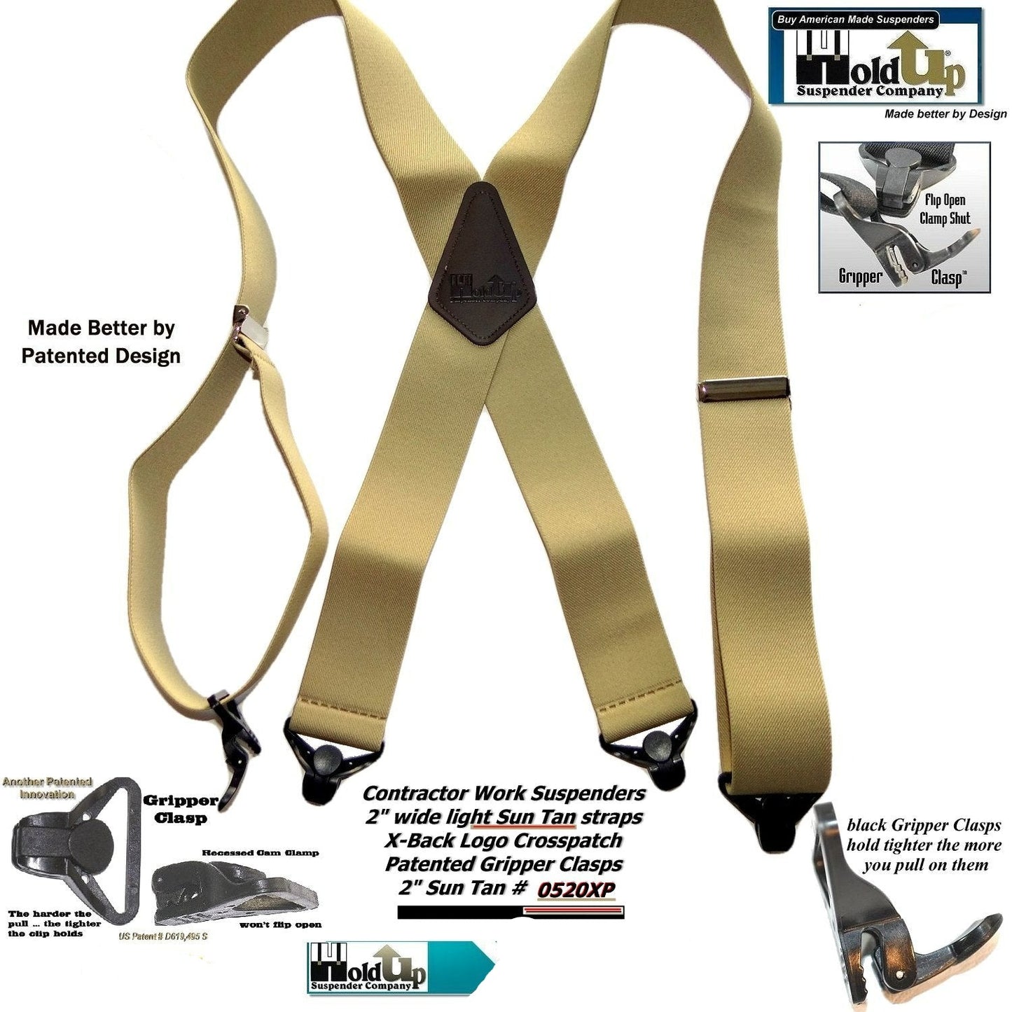 HoldUp Brand 2" Wide Heavy Duty Tan Color Suspenders with black patented black Gripper Clasps