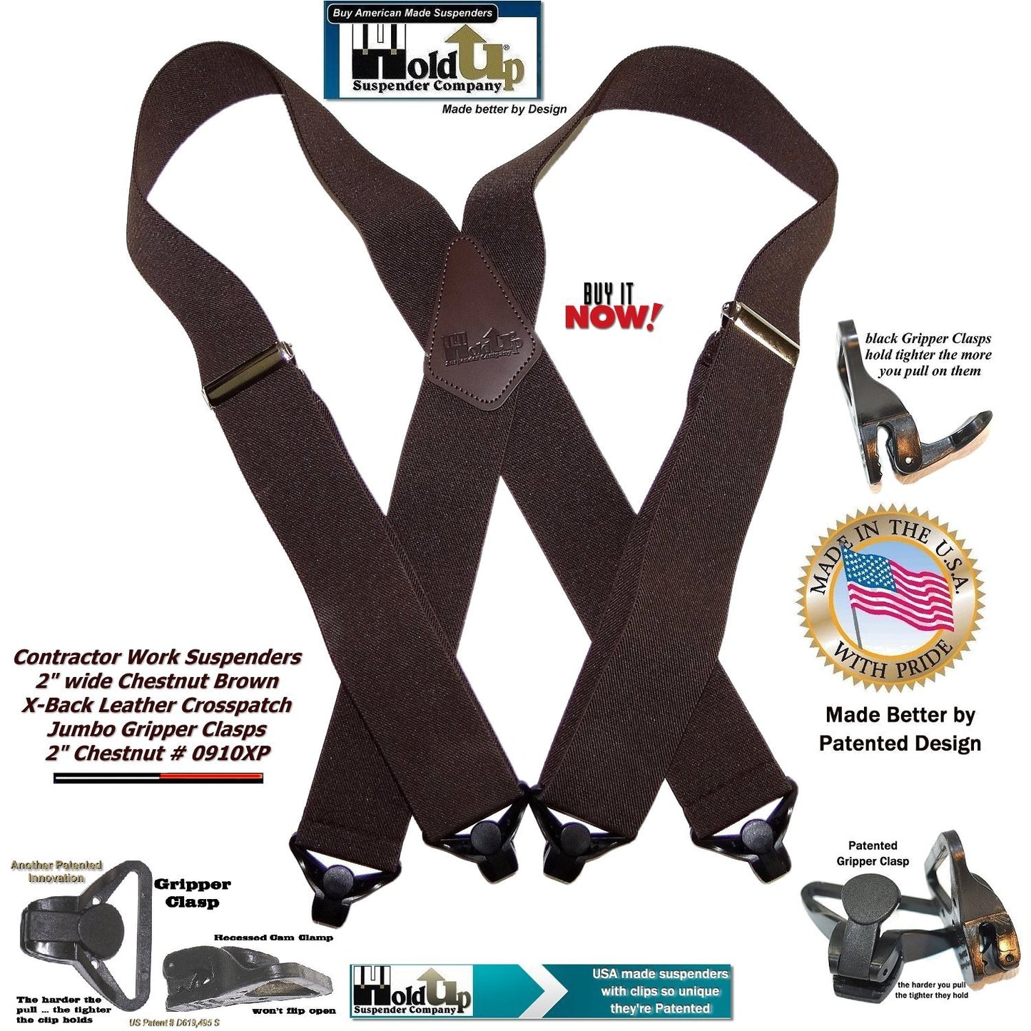 Holdup Heavy Duty Chestnut Brown Work Suspenders with black Patented Gripper Clasps