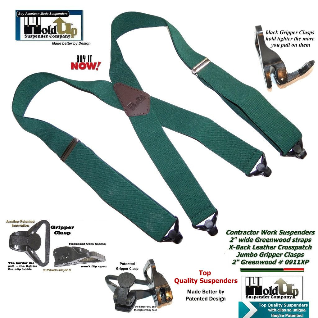 Holdup Brand Heavy Duty Greenwood Work Suspenders with USA patented Gripper Clasps