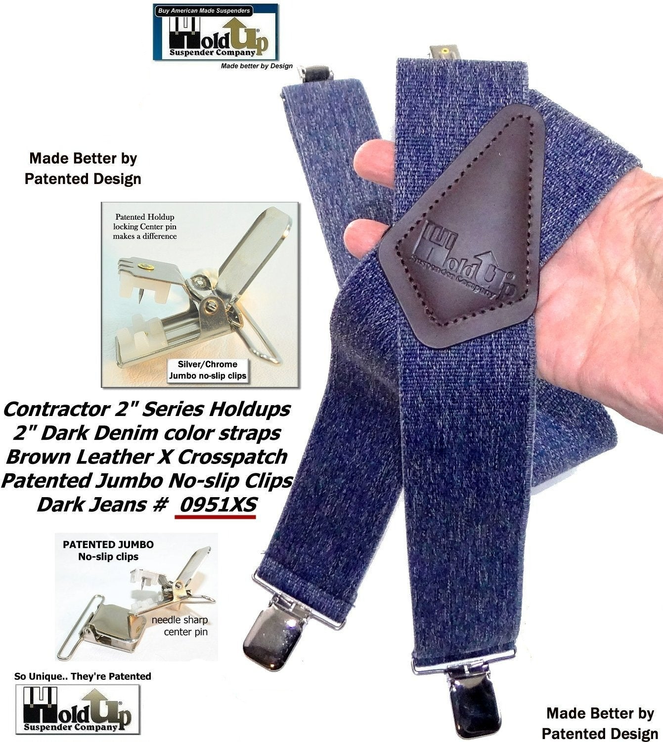 Holdup Brand Heavy Duty Dark Denim Work Suspenders with USA Patented Silver Tone no-slip clips