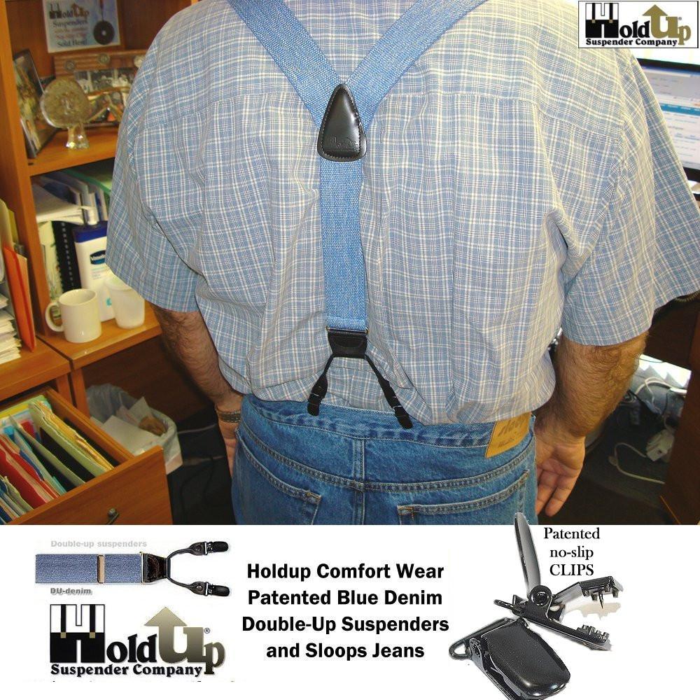 Holdup Brand USA made Double-Ups Style Men's Suspenders in a light Blue Denim Color and Y-Back crosspatch