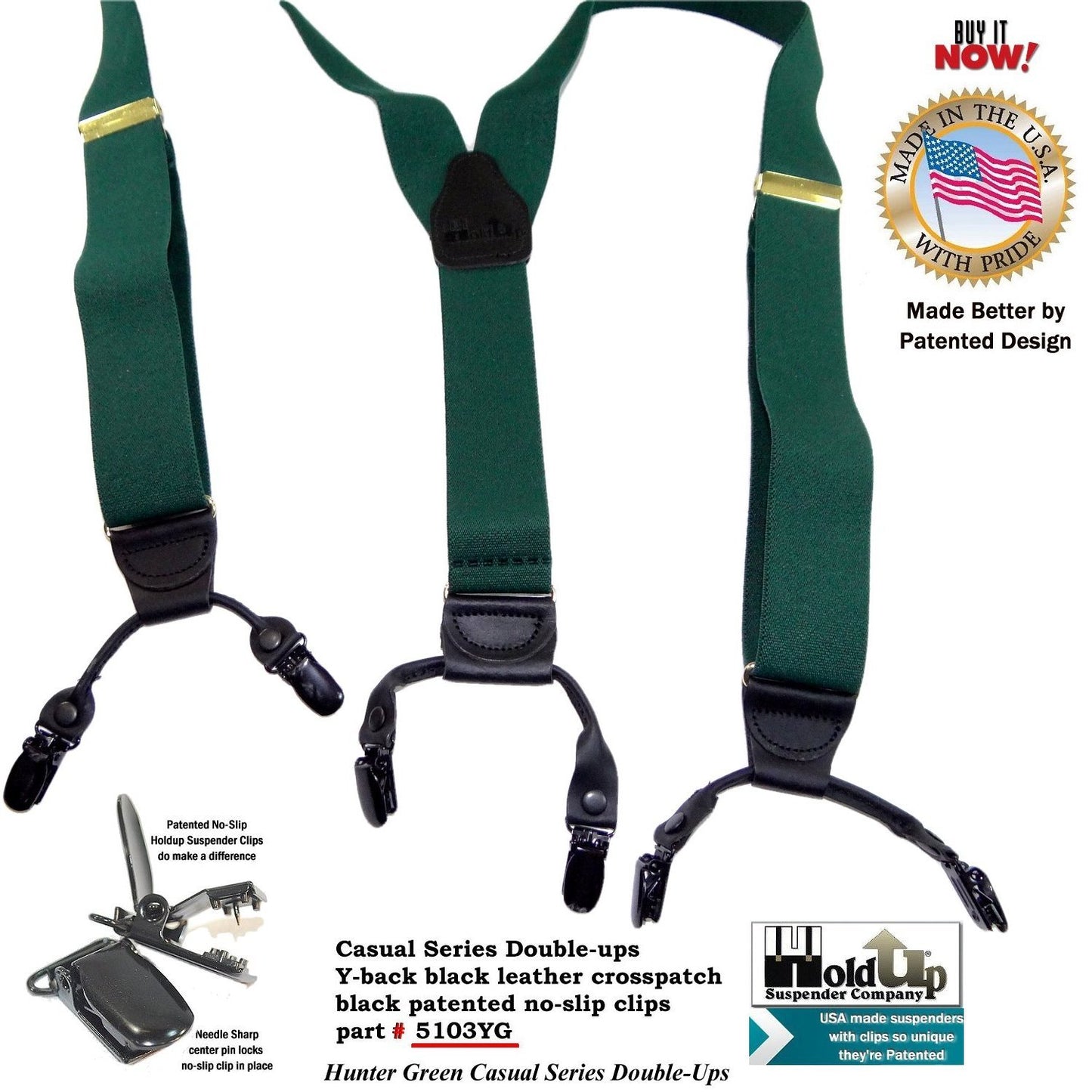 Holdup Brand Dark Hunter Green Dual Clip Double-Up Style Suspenders with Y-Back crosspatch and Patented no-slip clips