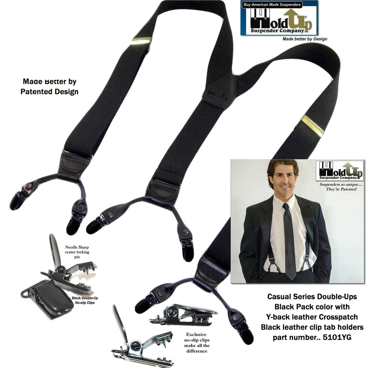 HoldUp Suspender Company's Black Pack Double-Up Style Dressy All black Y-back Suspenders With Patented No-slip clips