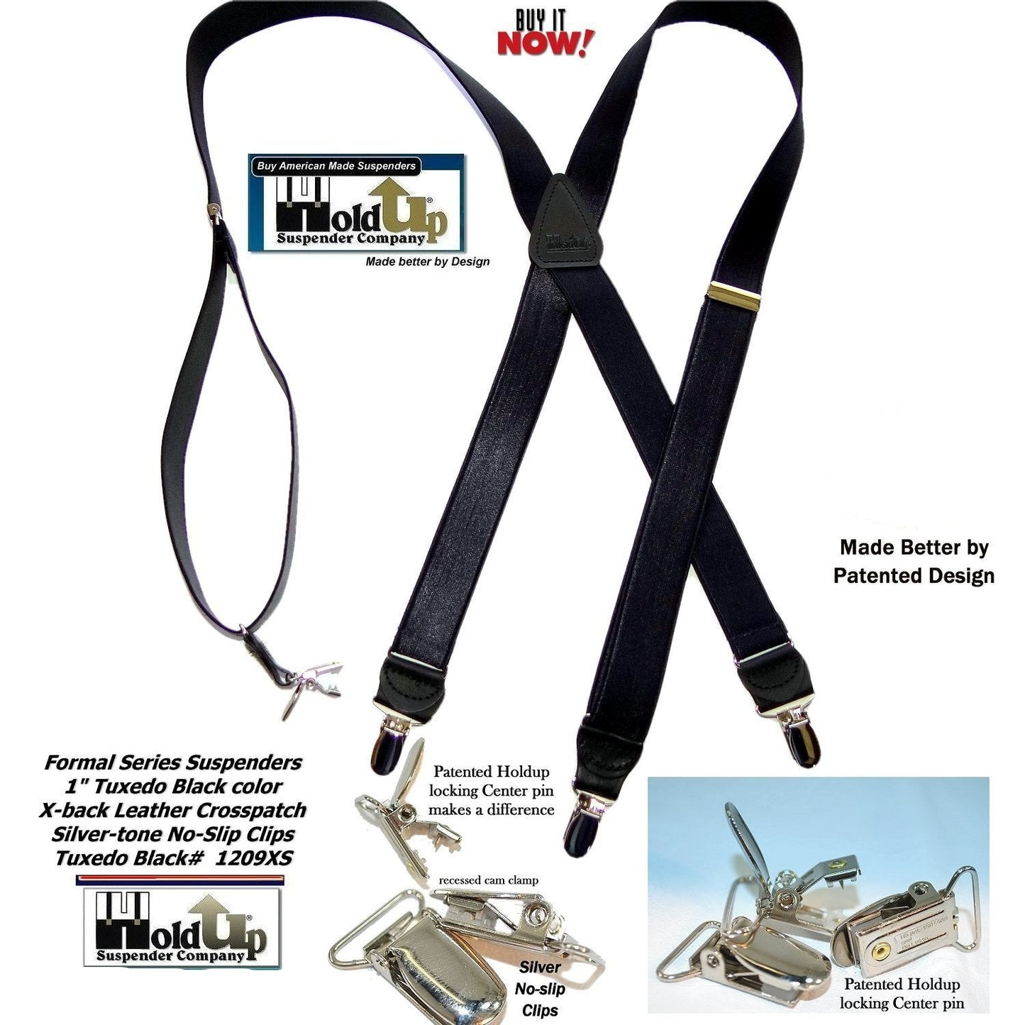 Hold-Ups Tuxedo Black Formal Satin finish  Suspenders X-back, USA Patented No-slip Silver Clips in 1" Width