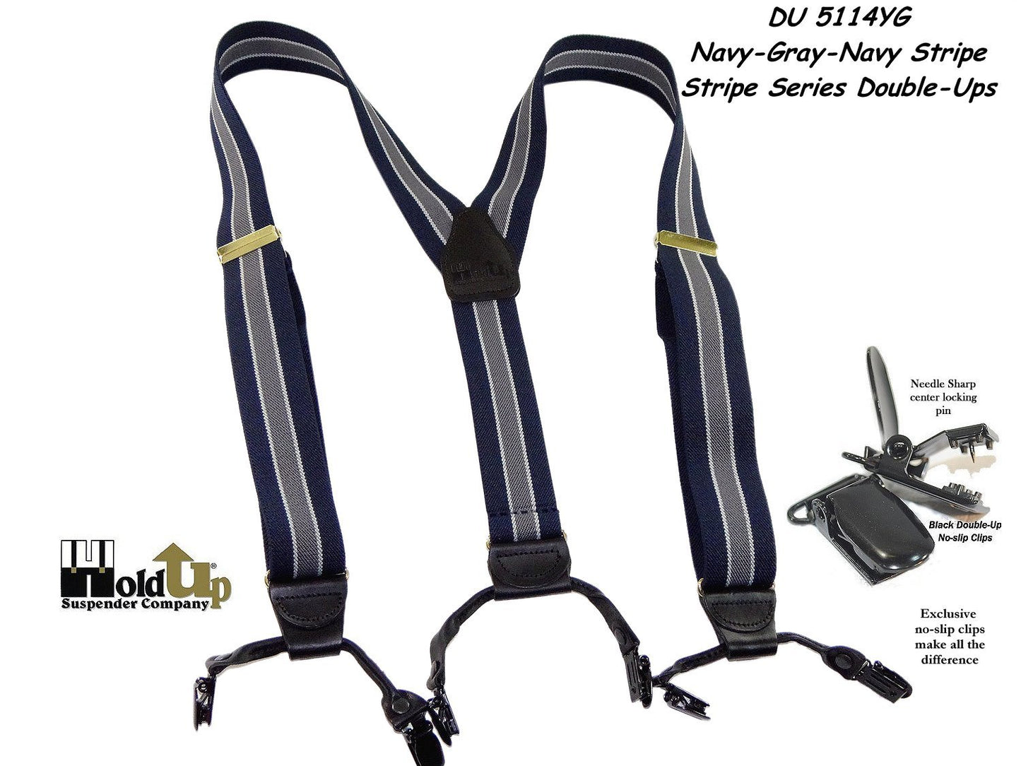 Hold-Ups Navy Blue with Gray and White Stripe Double-up Suspenders with Black No-slip Clips