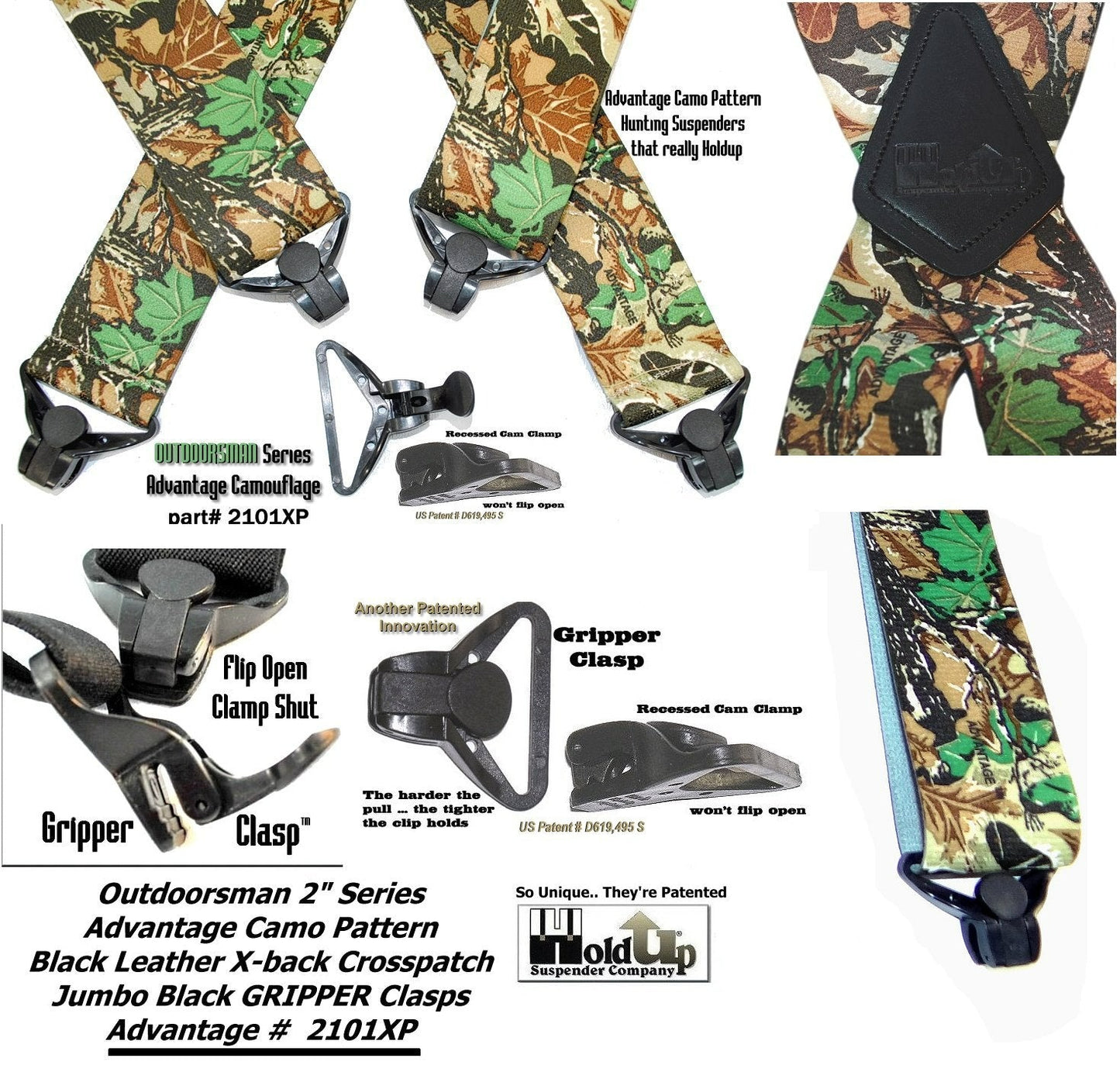 Holdup Suspender Company's Outdoorsman Series Advantage Pattern Camouflage Hunting Suspenders with black USA Patented Gripper Clasps