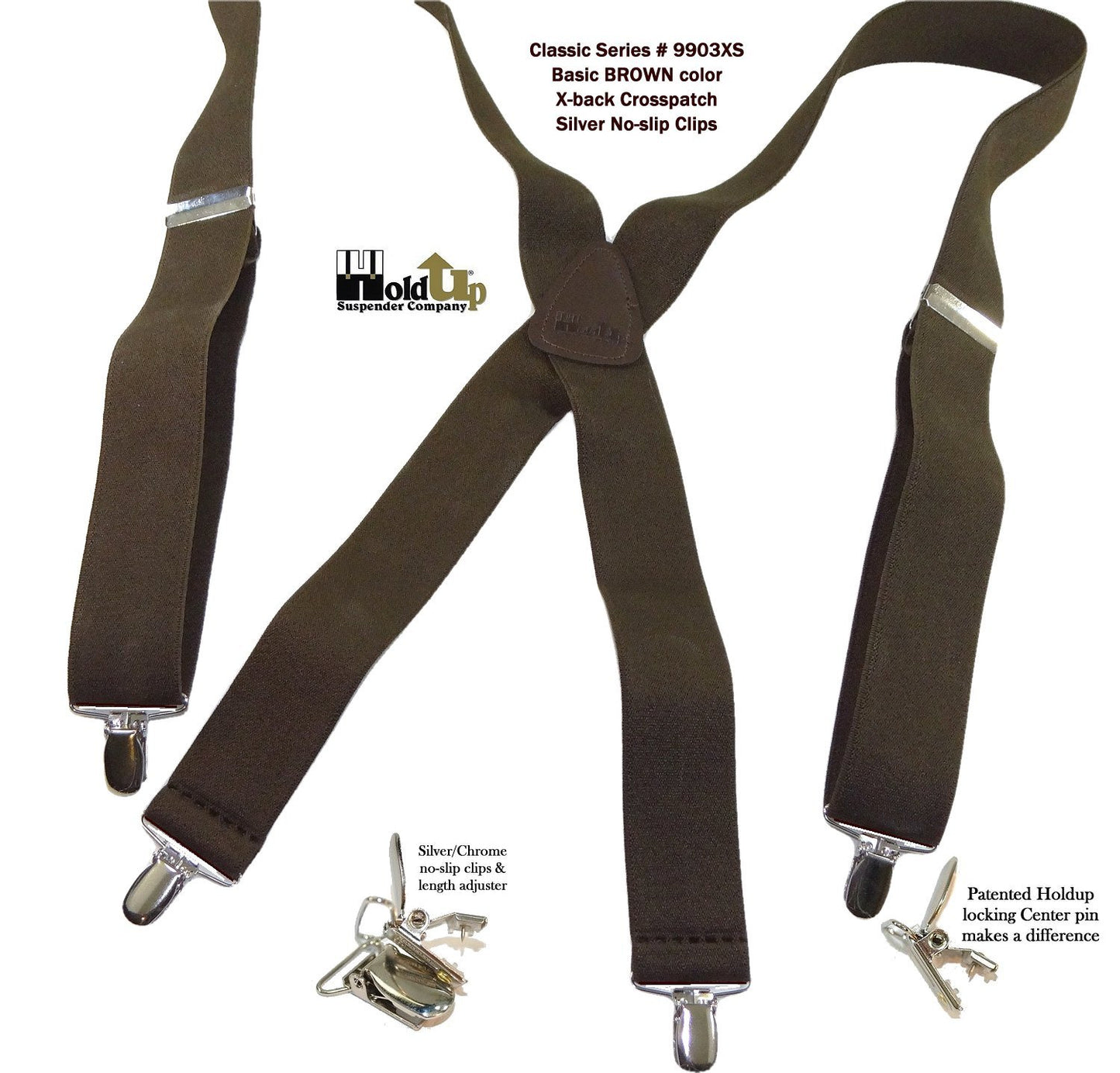 Hold-Ups Classic Dark Brown Suspenders with Silver No-slip Clips and X-back Leat