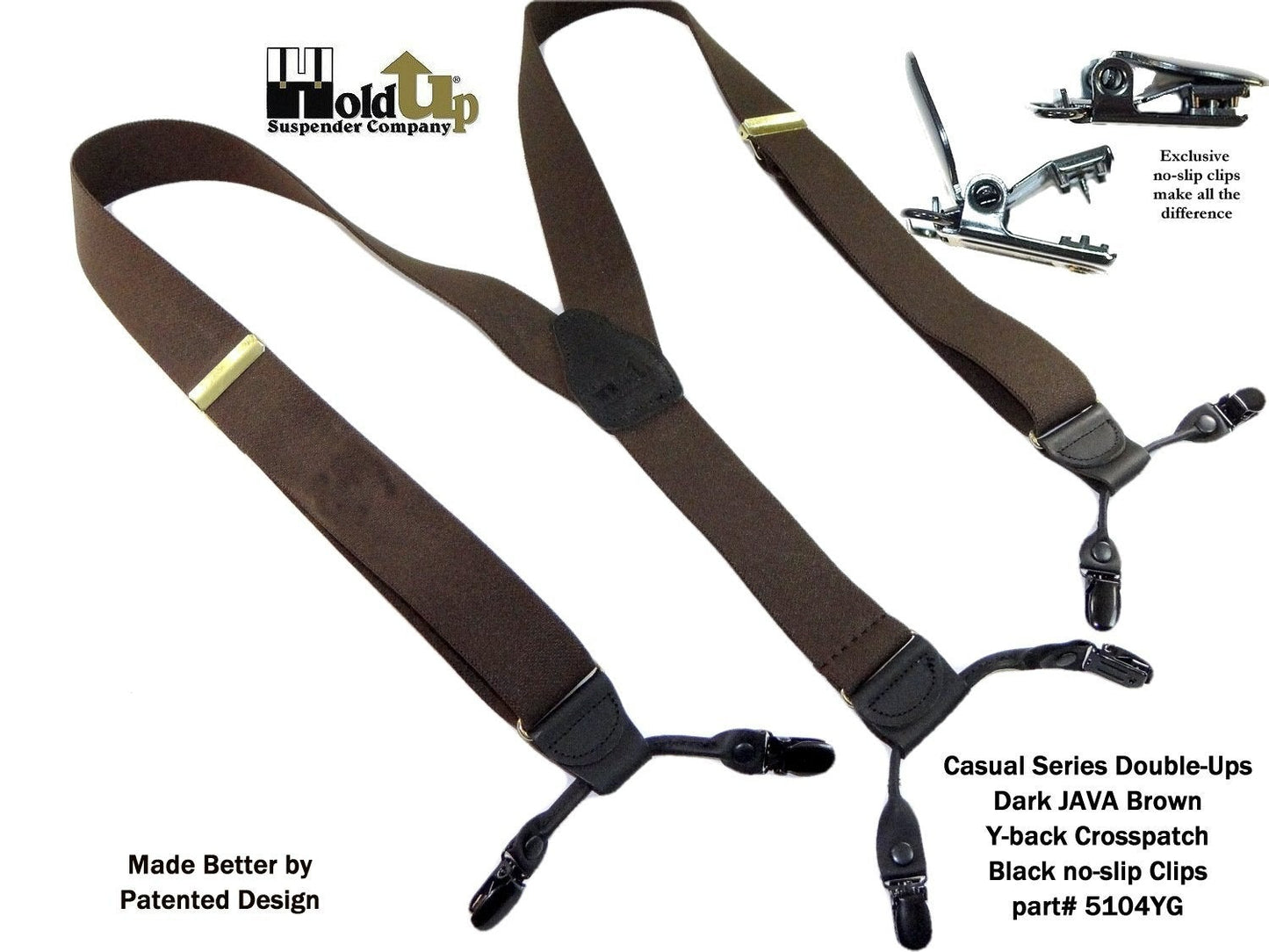 Hold-Ups Dark Brown Java Colored Casual Series Dual-Clip Suspenders With Y-Back leather crosspatch