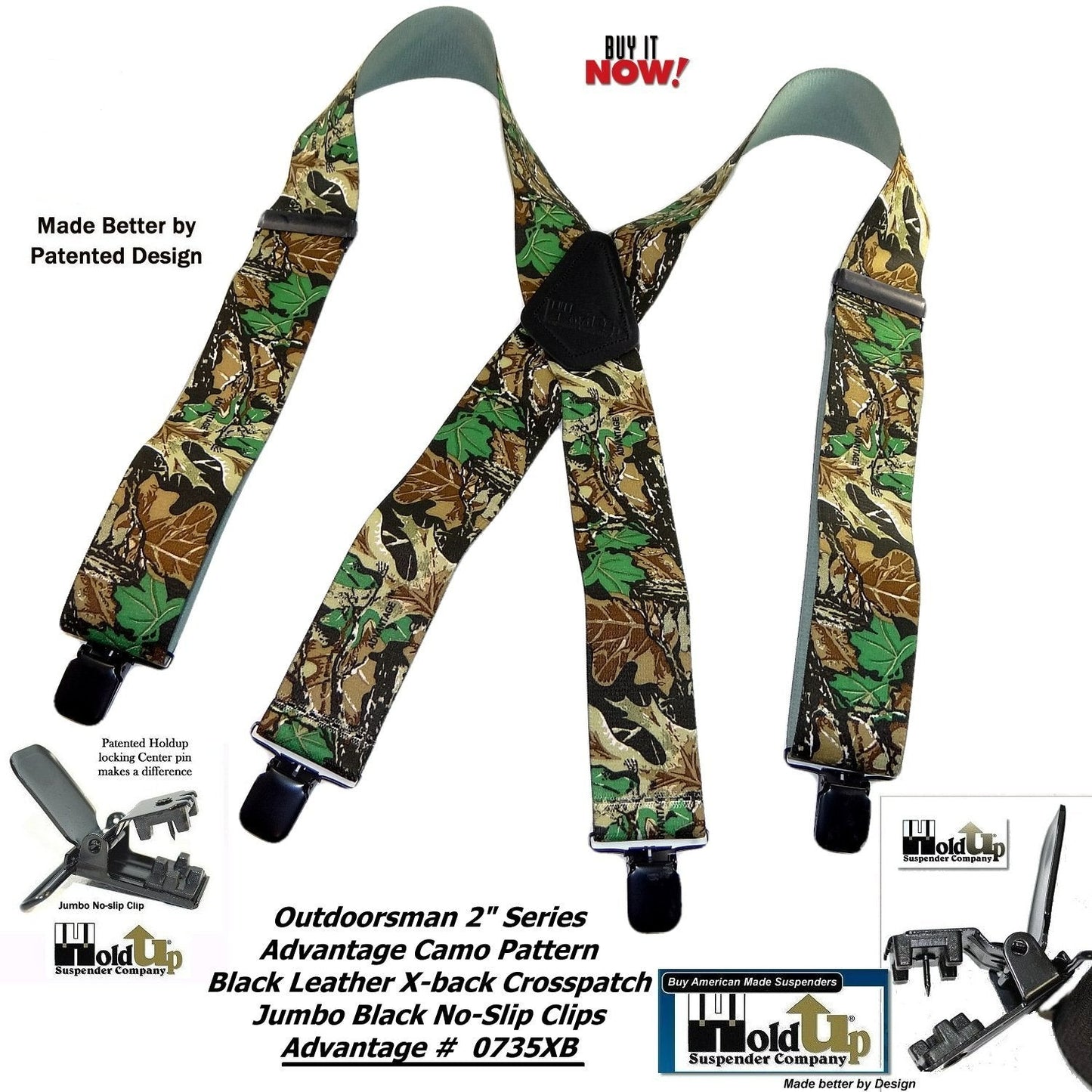 Holdup Advantage Pattern Camouflage Hunting Suspenders with 2" wide Straps and Black Patented No-slip Jumbo Clips