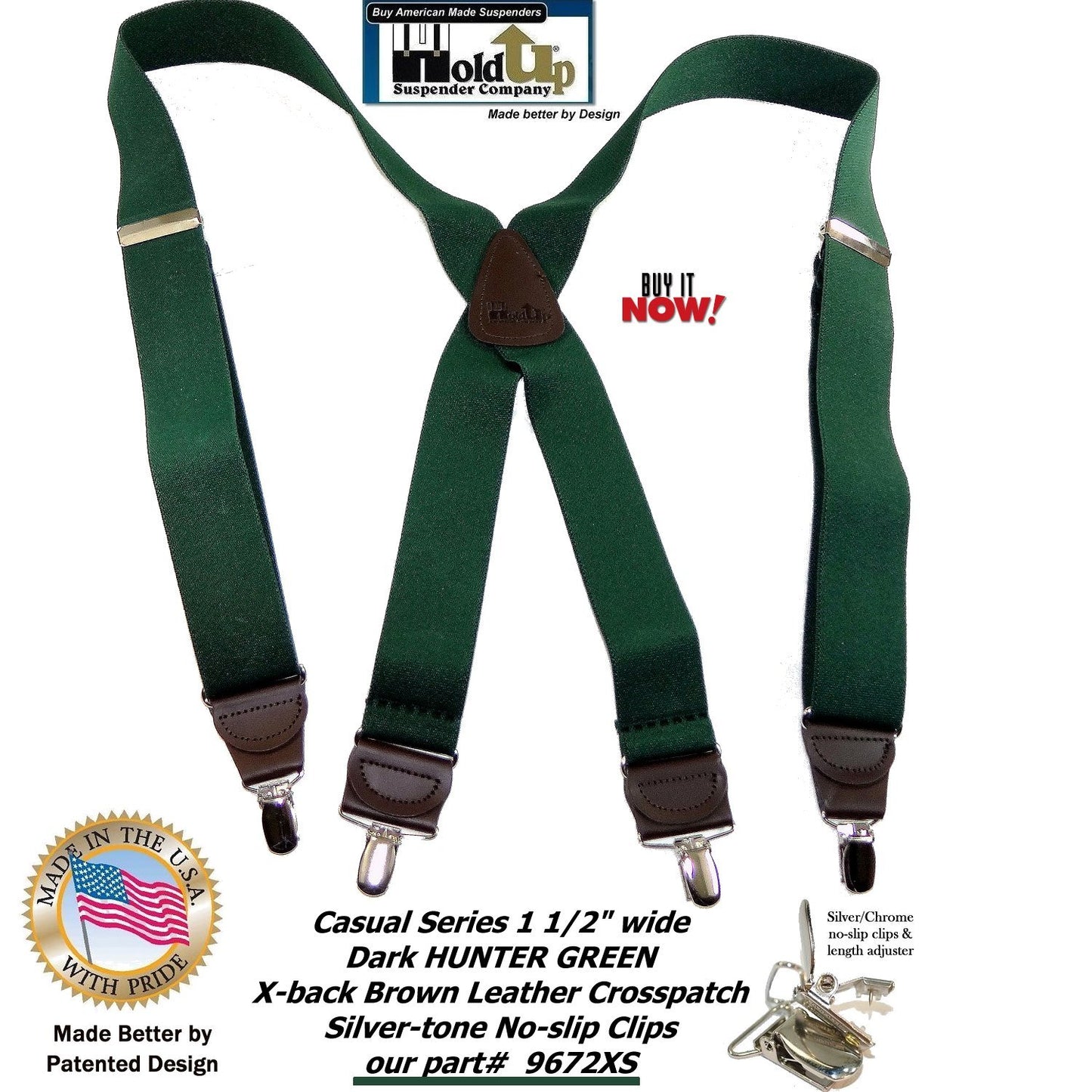 Holdup Brand Dark Hunter Green Men's Clip-On Suspenders with X-Back Style and and Silver/Chrome Clips