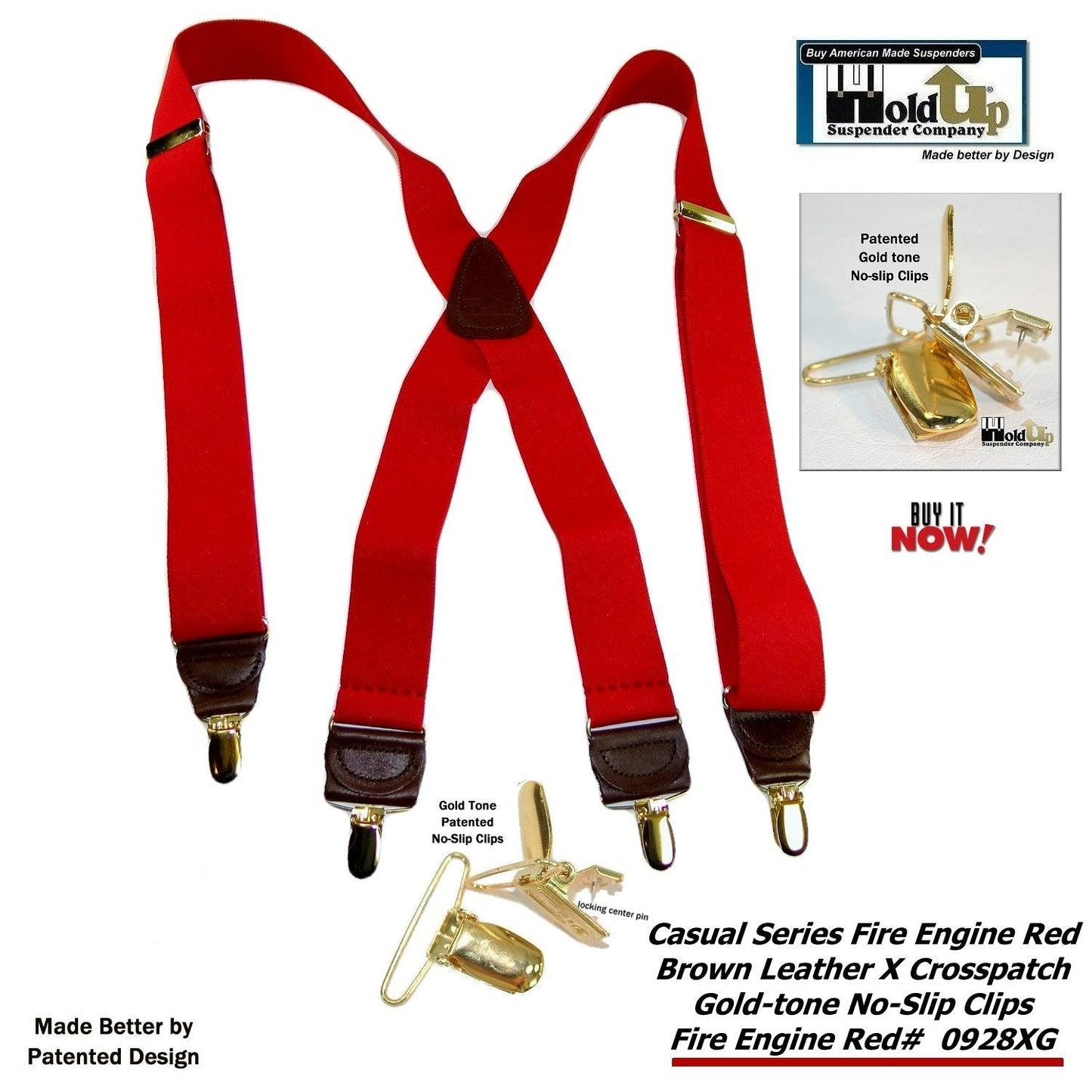 Holdup's Fire Engine Red Casual Series Suspenders in X-back Style with USA Patented No-slip Gold Clips