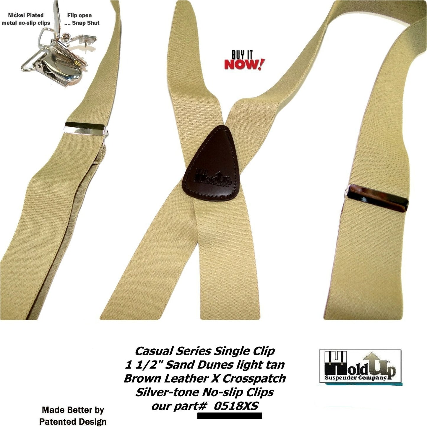 Holdup Sand Dunes Tan Casual Series Suspenders in X-back with Silver Clips