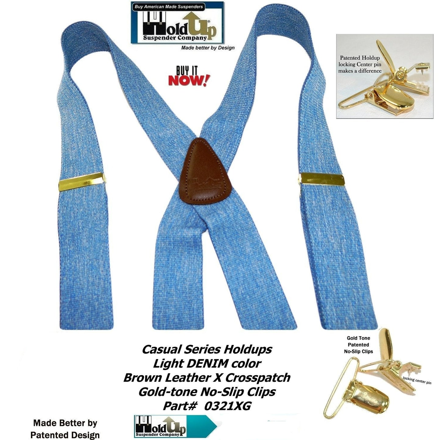 Hold-Ups Light Blue Denim 1 1/2" Suspenders X-Back USA Patented No-slip Gold Clips