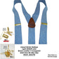 Holdup Suspender Company's Light Blue Denim Y-back Suspenders 1 1/2" width with USA  Patented No-slip Gold-tone Clips
