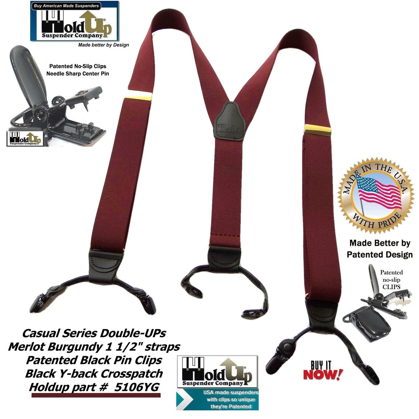 Holdup Suspender Company's Merlot Burgundy Double-Up style Suspenders with black Patented No-slip Clips.