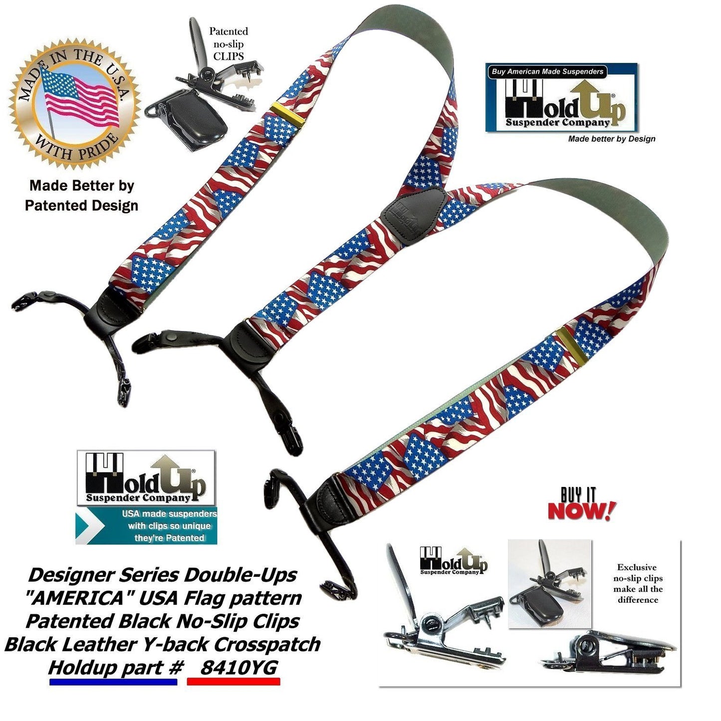 Holdup Brand Double-Ups Style Designer Series American Flag Pattern clip-on Suspenders