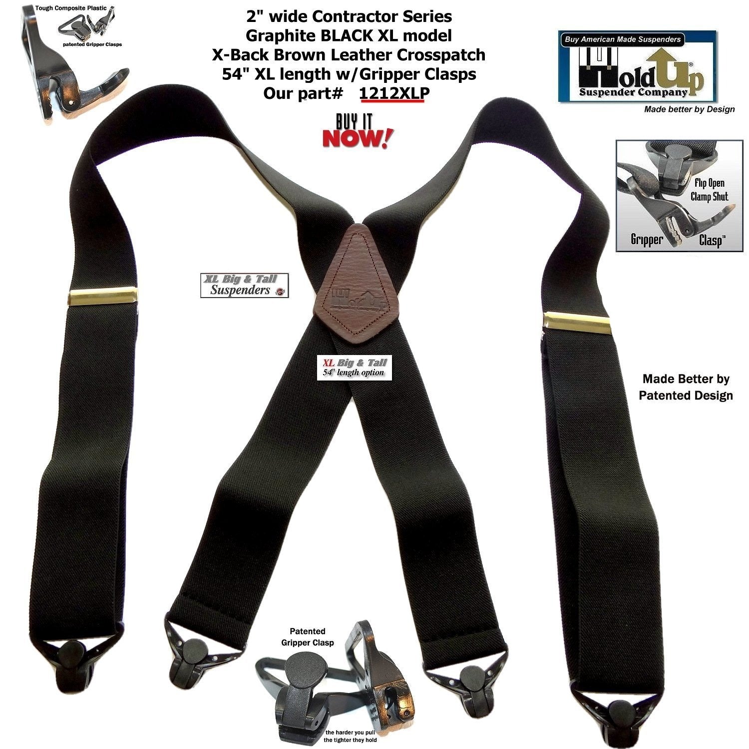 HoldUp Big and Tall XL Black 2 Suspenders with Gripper Clasps