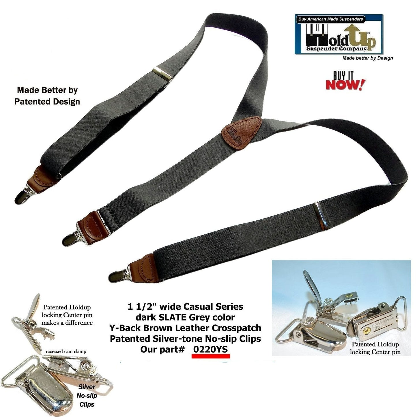 HoldUp Suspender Dark Slate Gray Y-back Suspenders with USA Patented No slip Silver Clips
