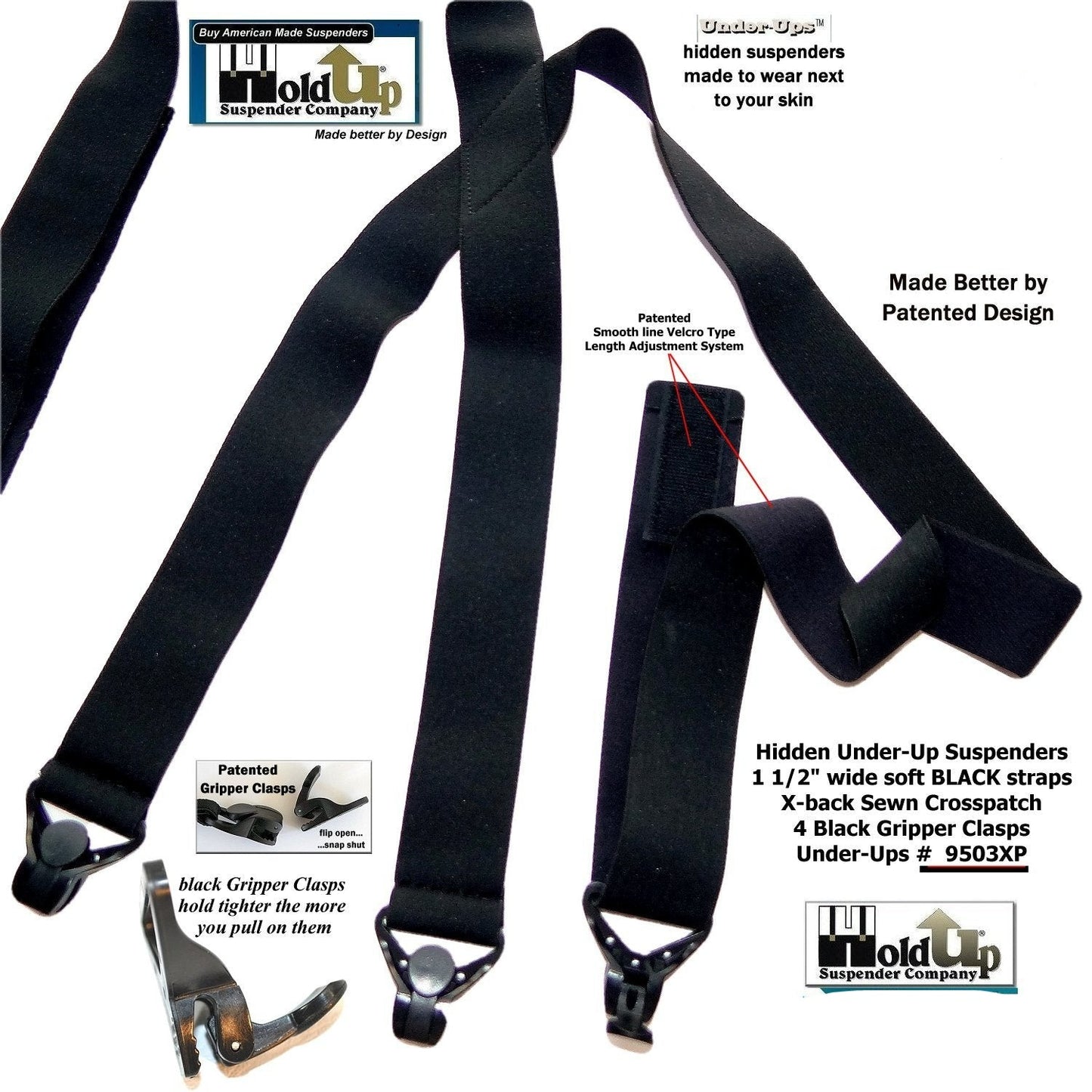 Hold-Ups 1 1/2" All Black Hidden Undergarment Suspenders with USA Patented Black Gripper Clasps