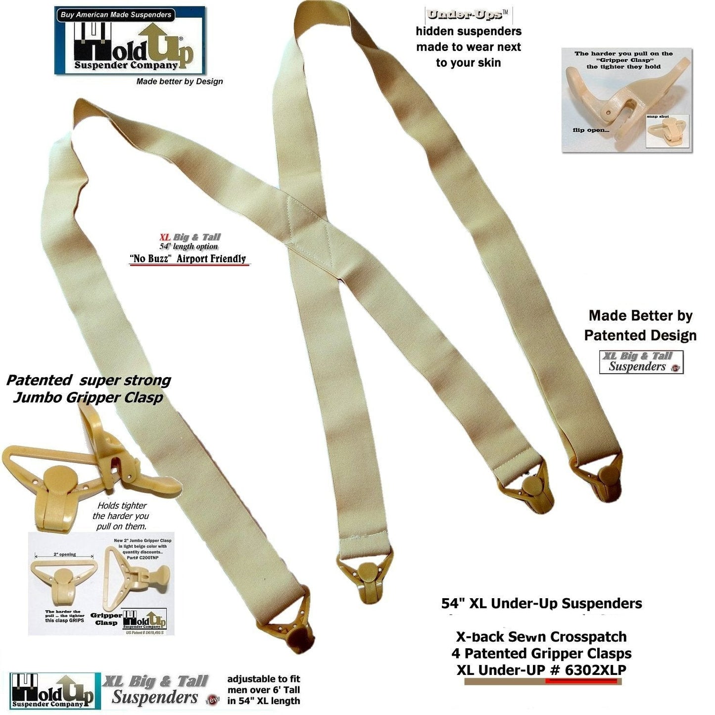 XL Hold-Ups In A 1 1/2" Wide Undergarment Suspenders X-Back With USA Patented Gripper Clasps