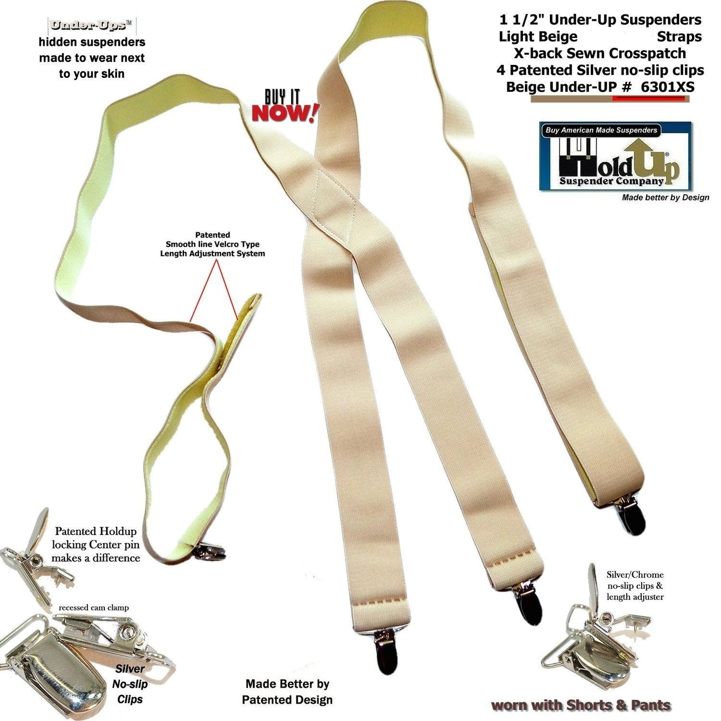 Hold-Ups 1 1/2" Wide Hidden Undergarment Suspenders In X-back Style With USA patented No-slip Silver Clips