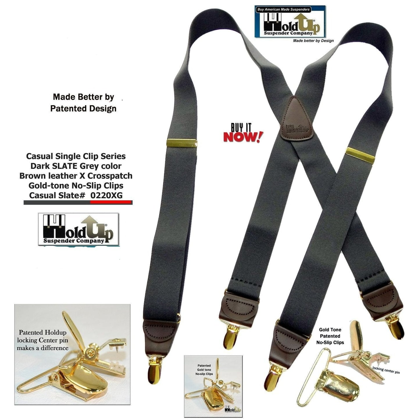Hold-Ups Slate Gray 1 1/2" wide Suspenders in X-back with USA Patented No-slip Gold Clips