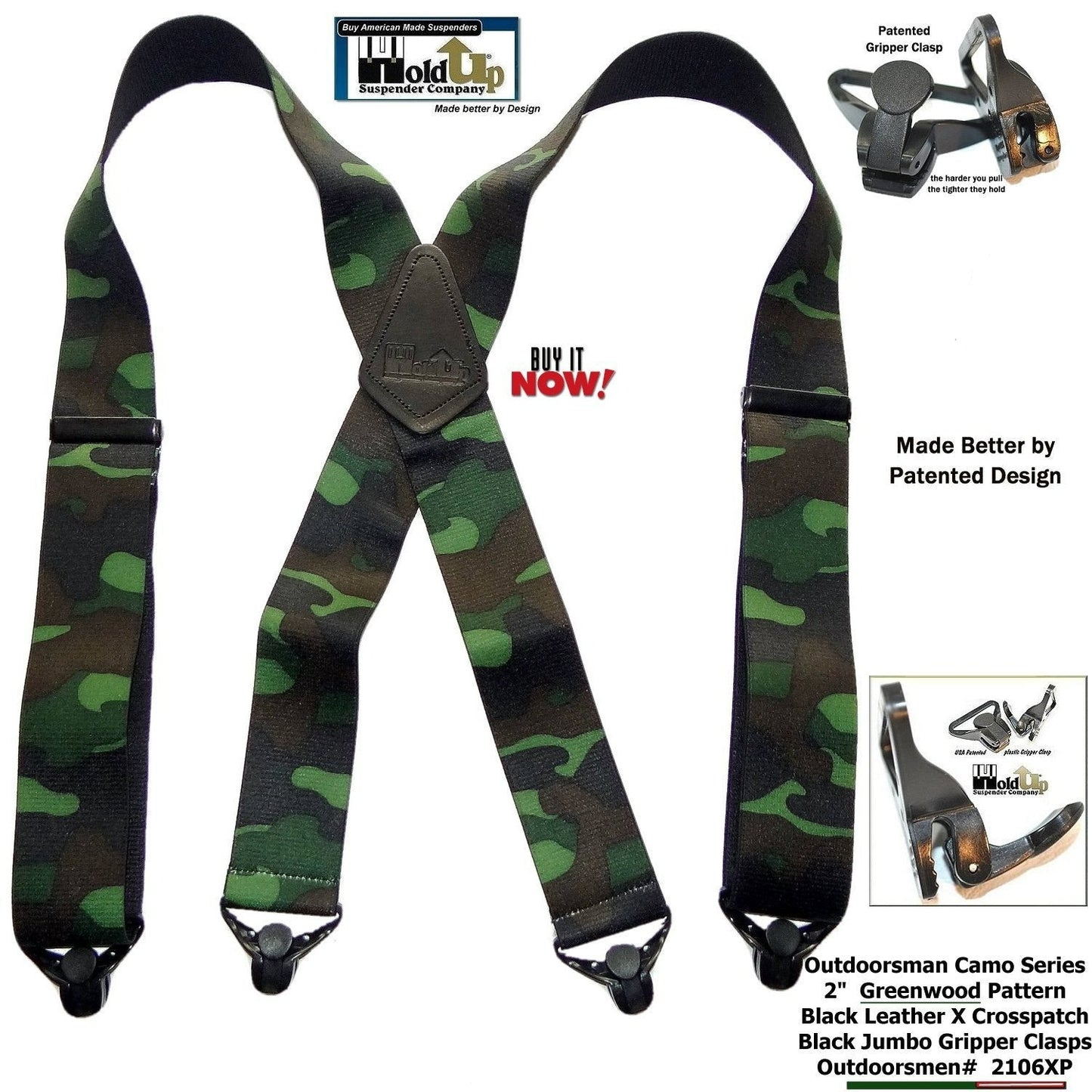 Hold-Up Brand Woodland Camouflage Pattern Wide Hold-Up Suspenders w/ USA Patented Plastic Gripper Clasp
