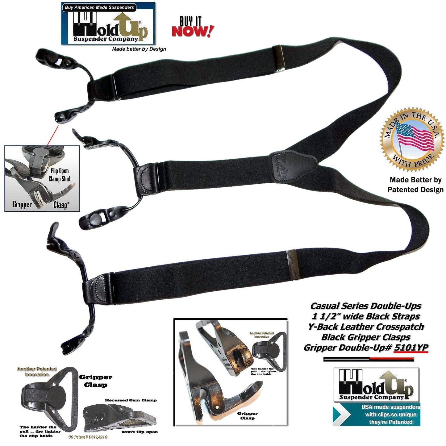 Holdup Brand Black Pack Gripper Clasp Double-Up Y-back Suspenders with Patented Gripper Clasps