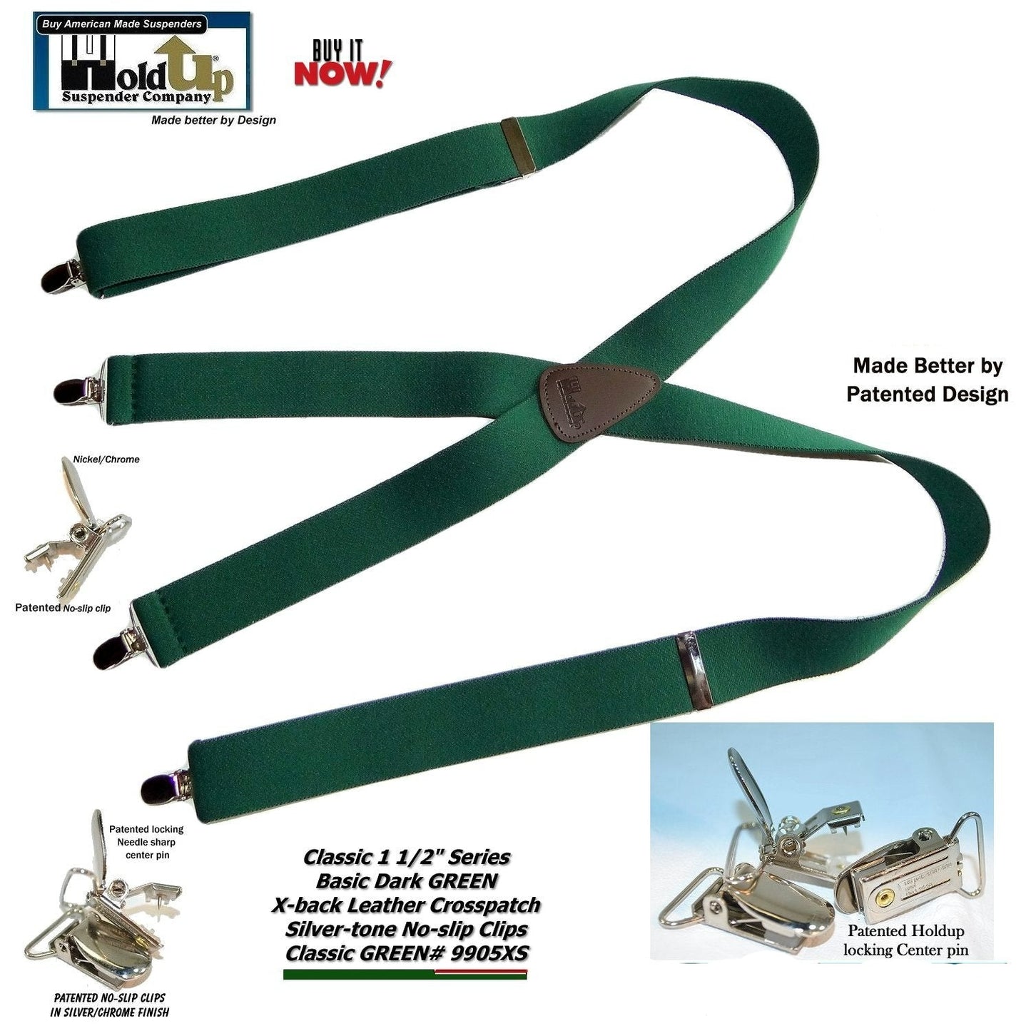 Hold-Ups 1 1/2" Wide Classic Dark Green X-back Suspenders with USA Patented Silver No-slip Clips