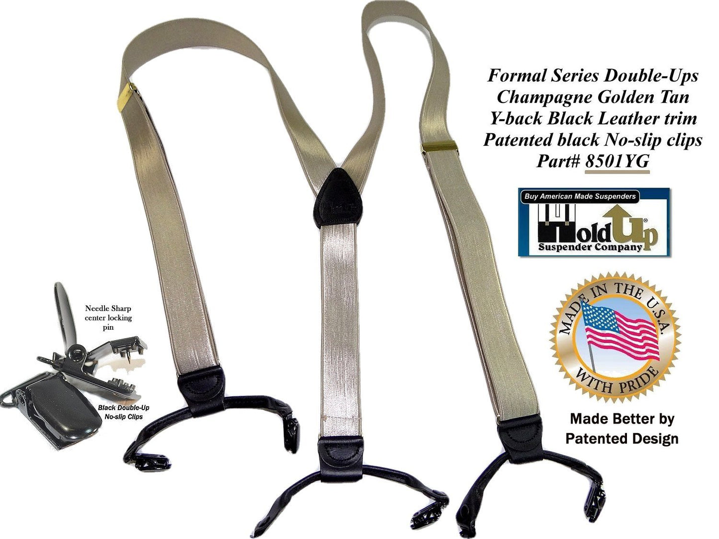 USA Made Holdup Champagne/Tan Satin Fabric Finish, Formal, Double-ups Styled Suspenders