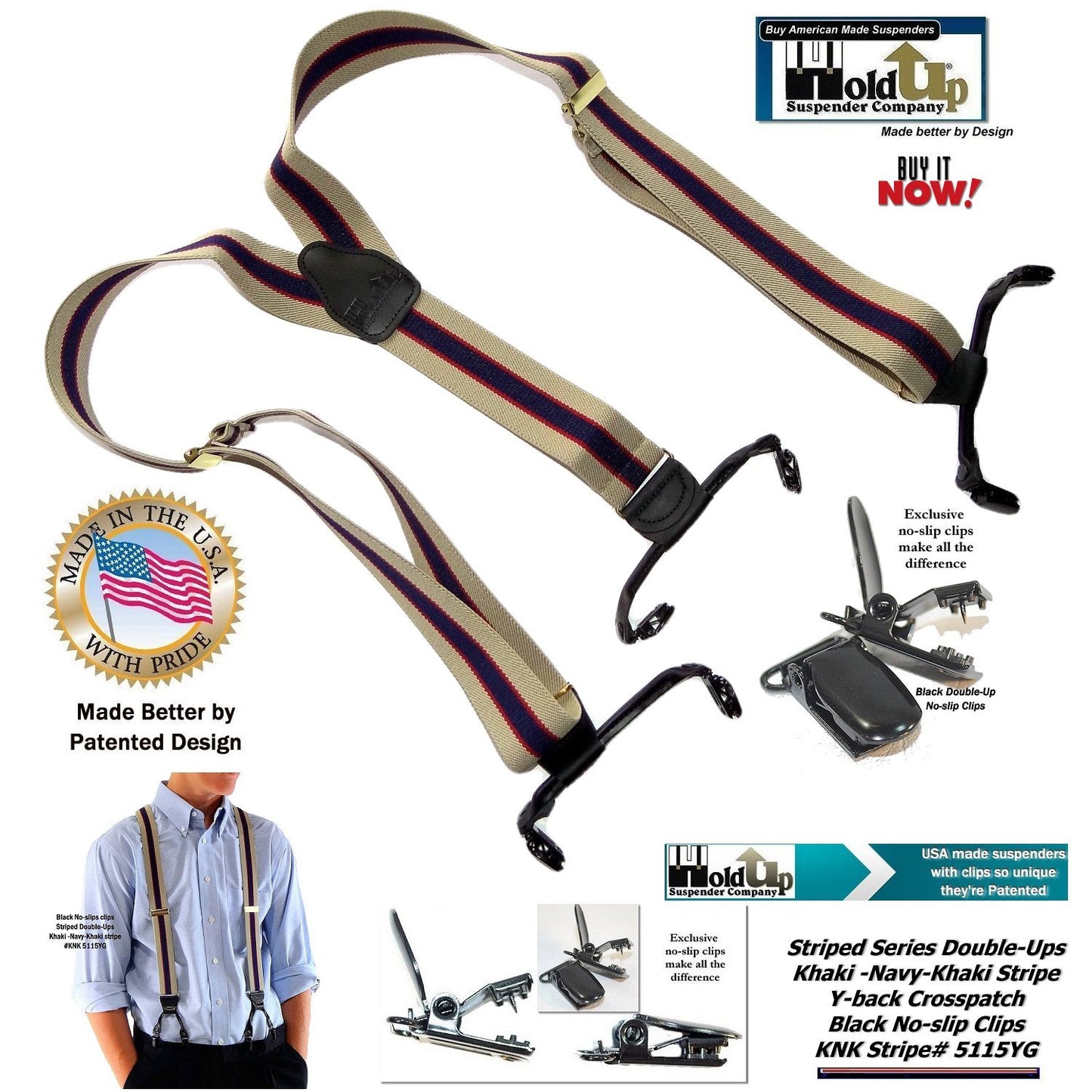 Hold-Up Brand Khaki Tan and Navy stripe pattern suspenders with 1 1/2" wide straps in Double-Up Style and patented No-slip Clips