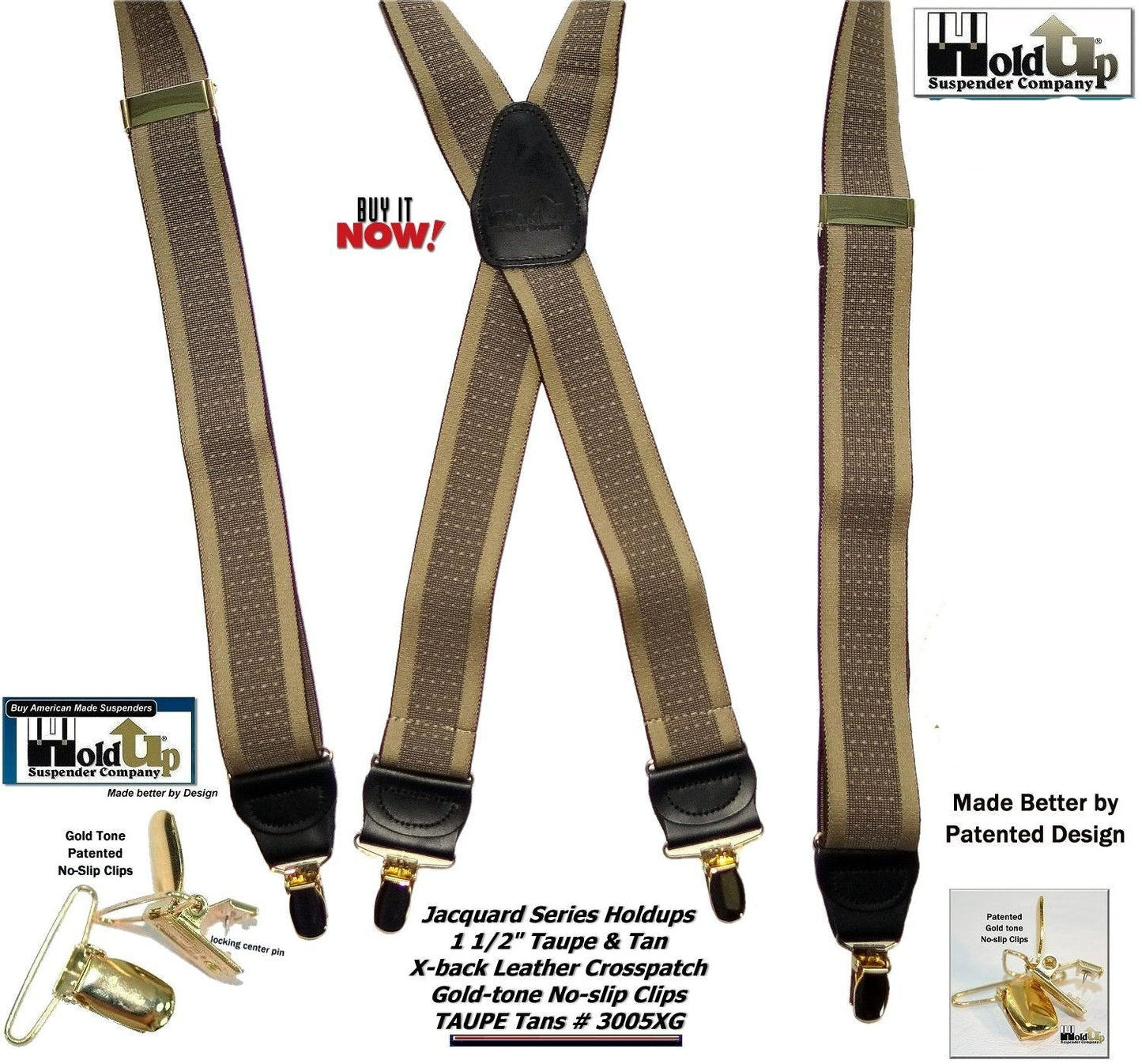 Hold-Ups Taupe and Tan Jacquard Weave X-Back Suspenders With USA Patented Gold No-Slip Clips