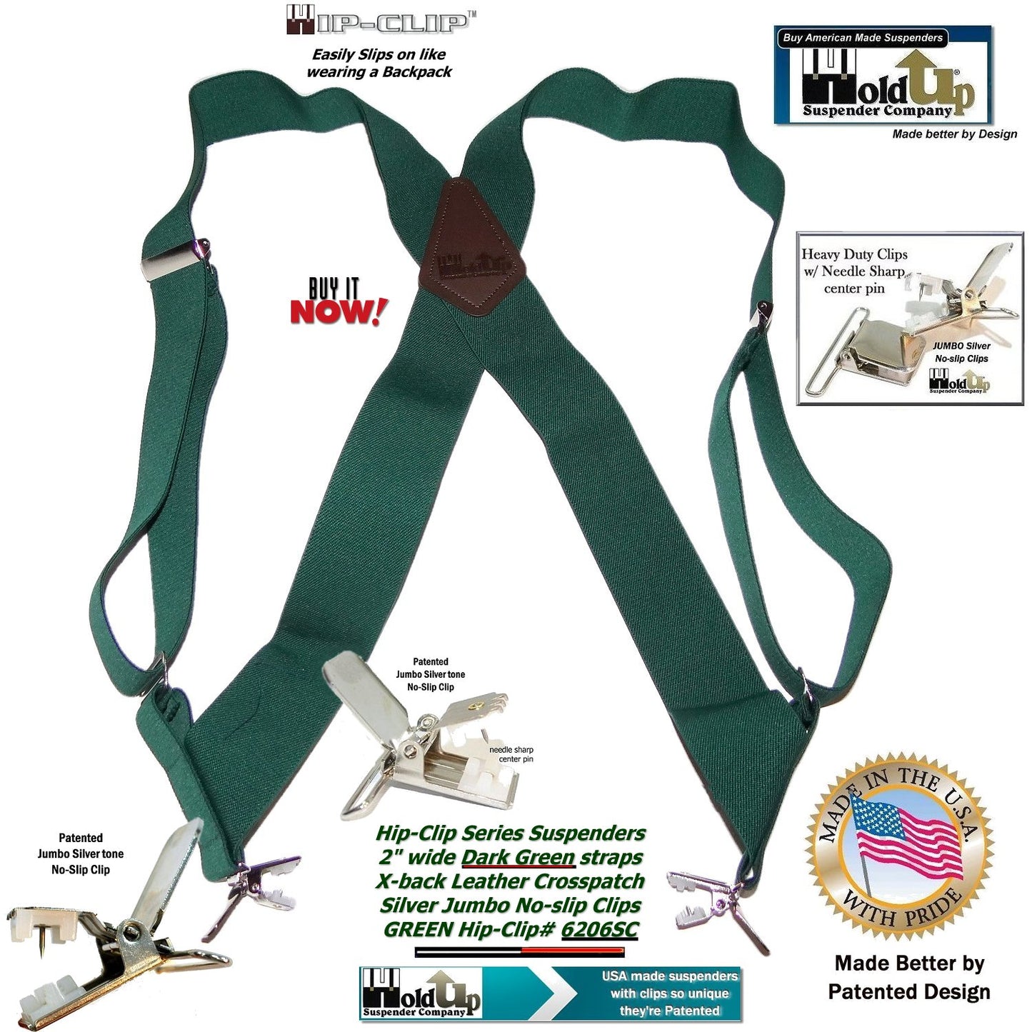Holdup Brand Dark Green Hip-clip Side Clip Suspenders With Jumbo No-slip Clips