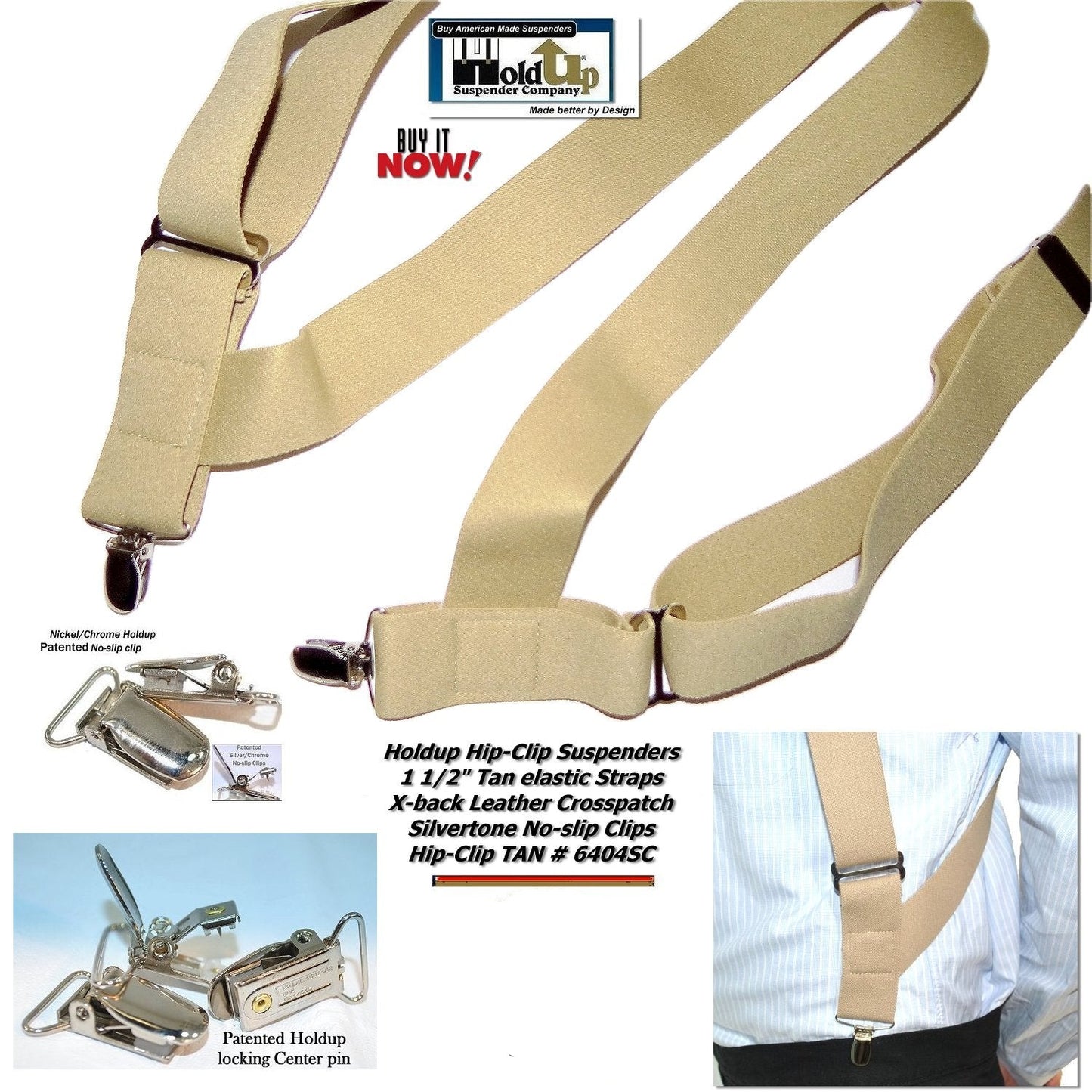 Hold-Ups Tan Trucker Style Hip-clip Series Suspenders in 1 1/2" Width and USA Patented No-slip Silver Clips