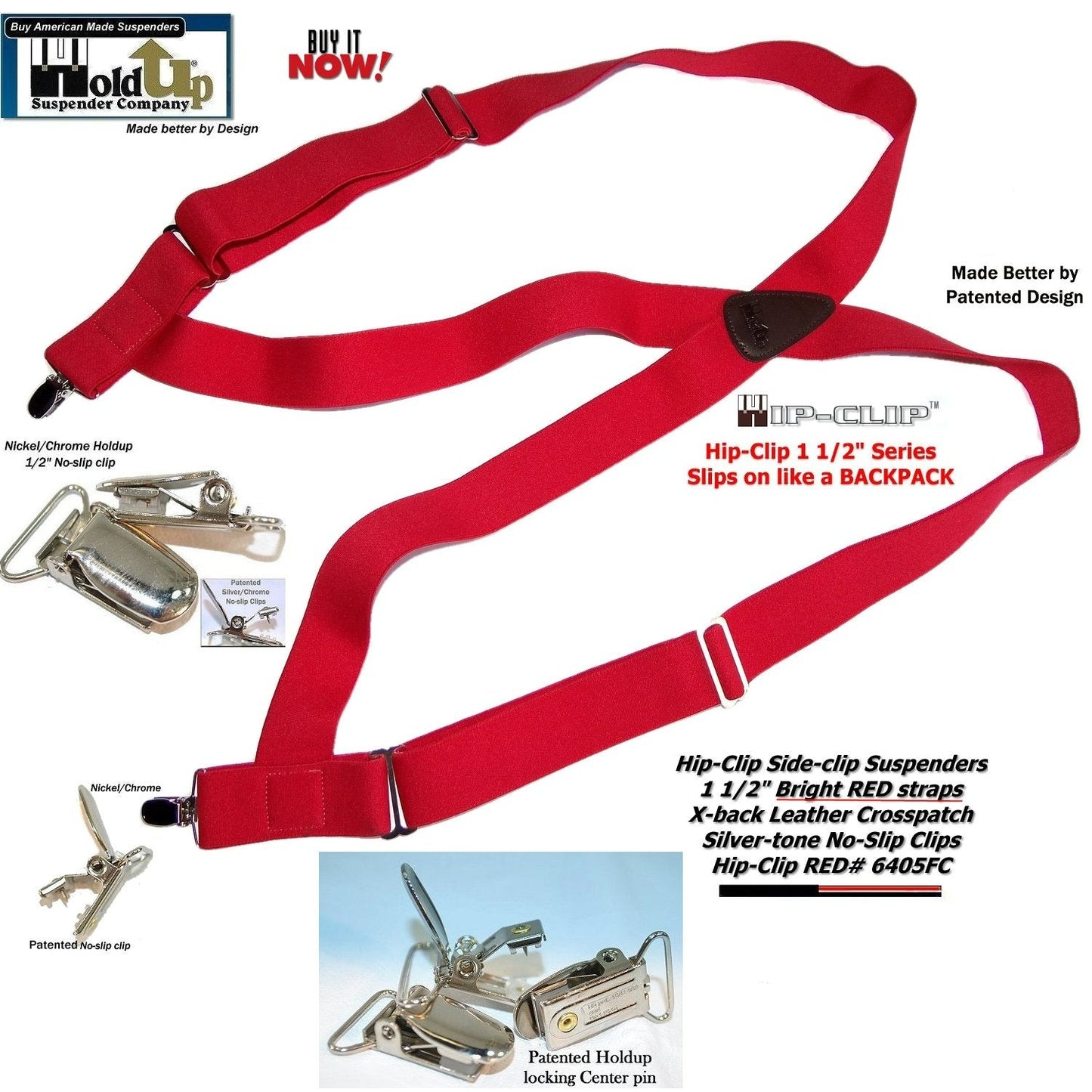 Holdup Brand Bright Red Hip-clip Series X-back Suspenders with silver no-slip clips