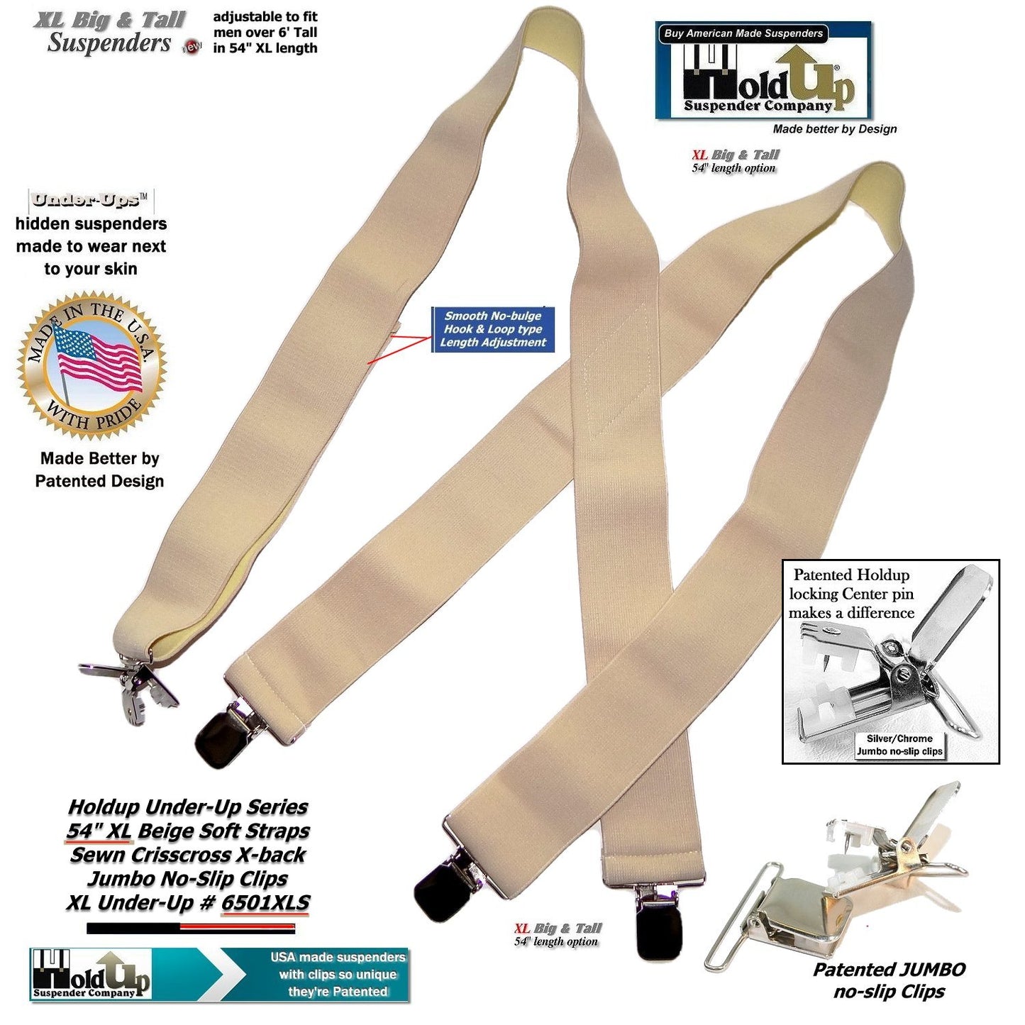 HoldUp beige Undergarment XL Hidden X-back Suspenders with Patented Silver No-slip Clips