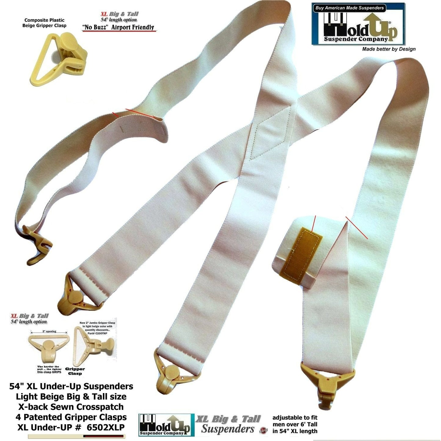 HoldUps Under-Up Series Tan Suspenders with USA Patented Jumbo Gripper Clasps