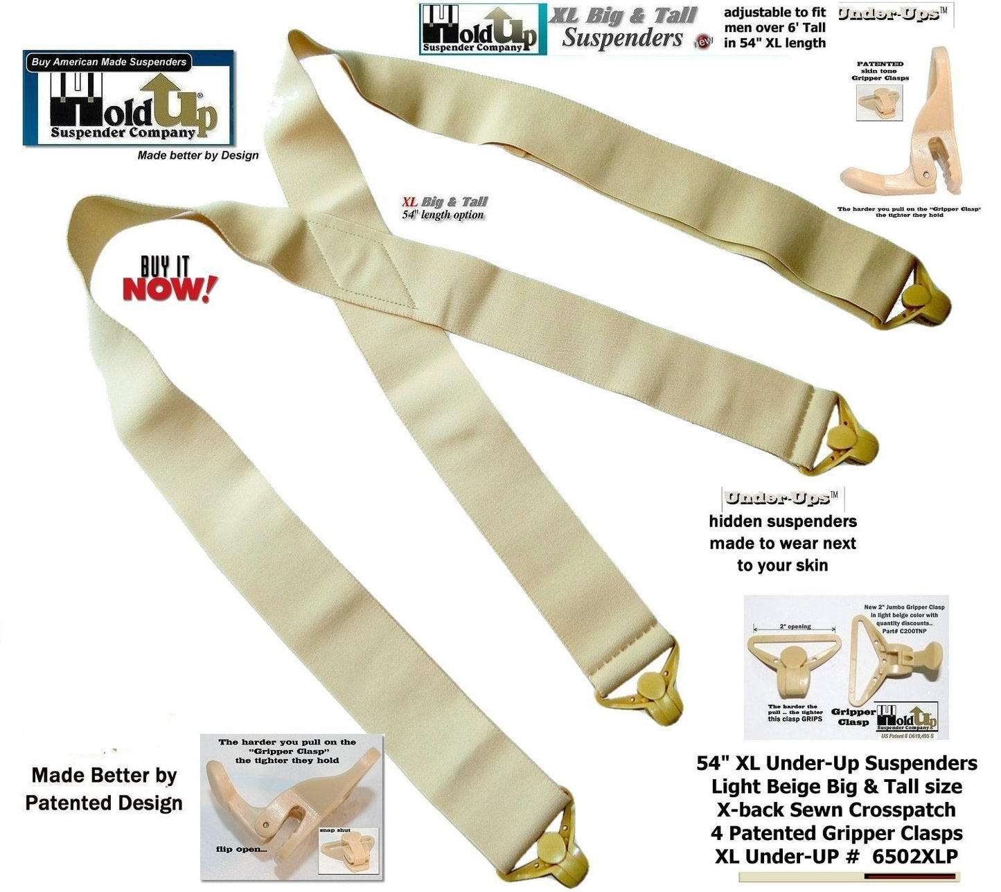 Hold-Ups 2" wide Undergarment XL Suspenders in X-back style with USA Patented Gripper Clasps