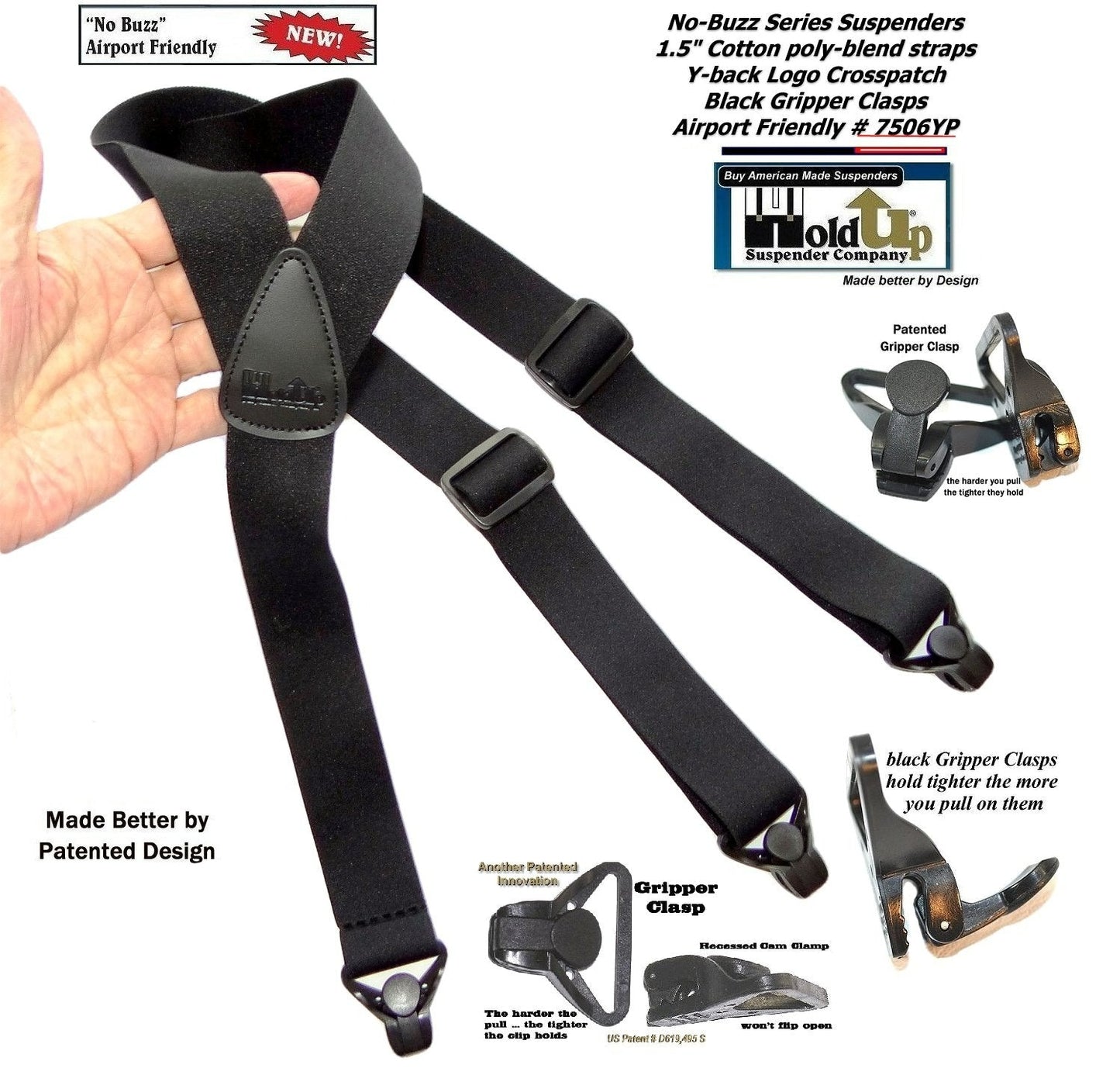 Holdup Brand No-buzz Black Y-back Airport Friendly Suspenders with USA Patented black Gripper Clasps