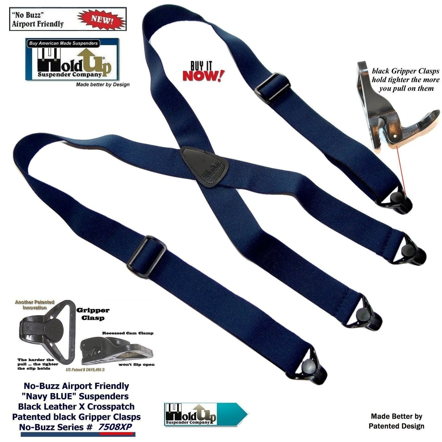 Hold-Ups Blue No-buzz Airport Friendly Suspenders X-back Patented Gripper Clasps