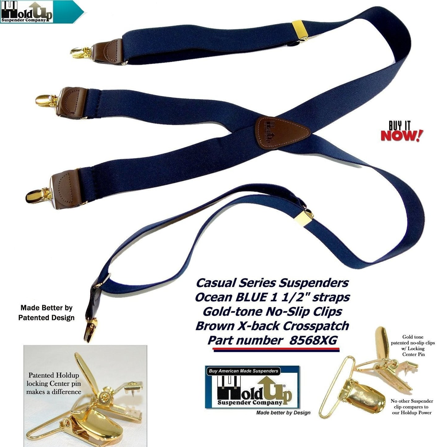 USA Made Holdup Suspenders Dark Ocean Blue 1 1/2" wide X-back Suspenders with Patented No-slip Gold-tone  Clips