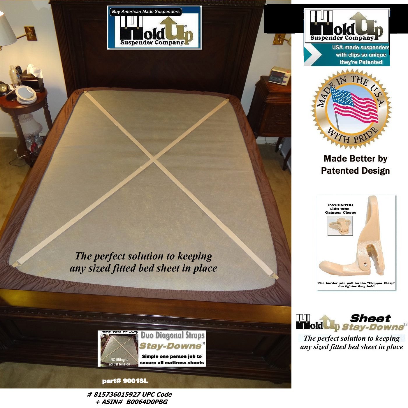 Hold-Up Crisscross long Fitted Sheet Strap called Stay-downs with US Patented Gripper Clasps
