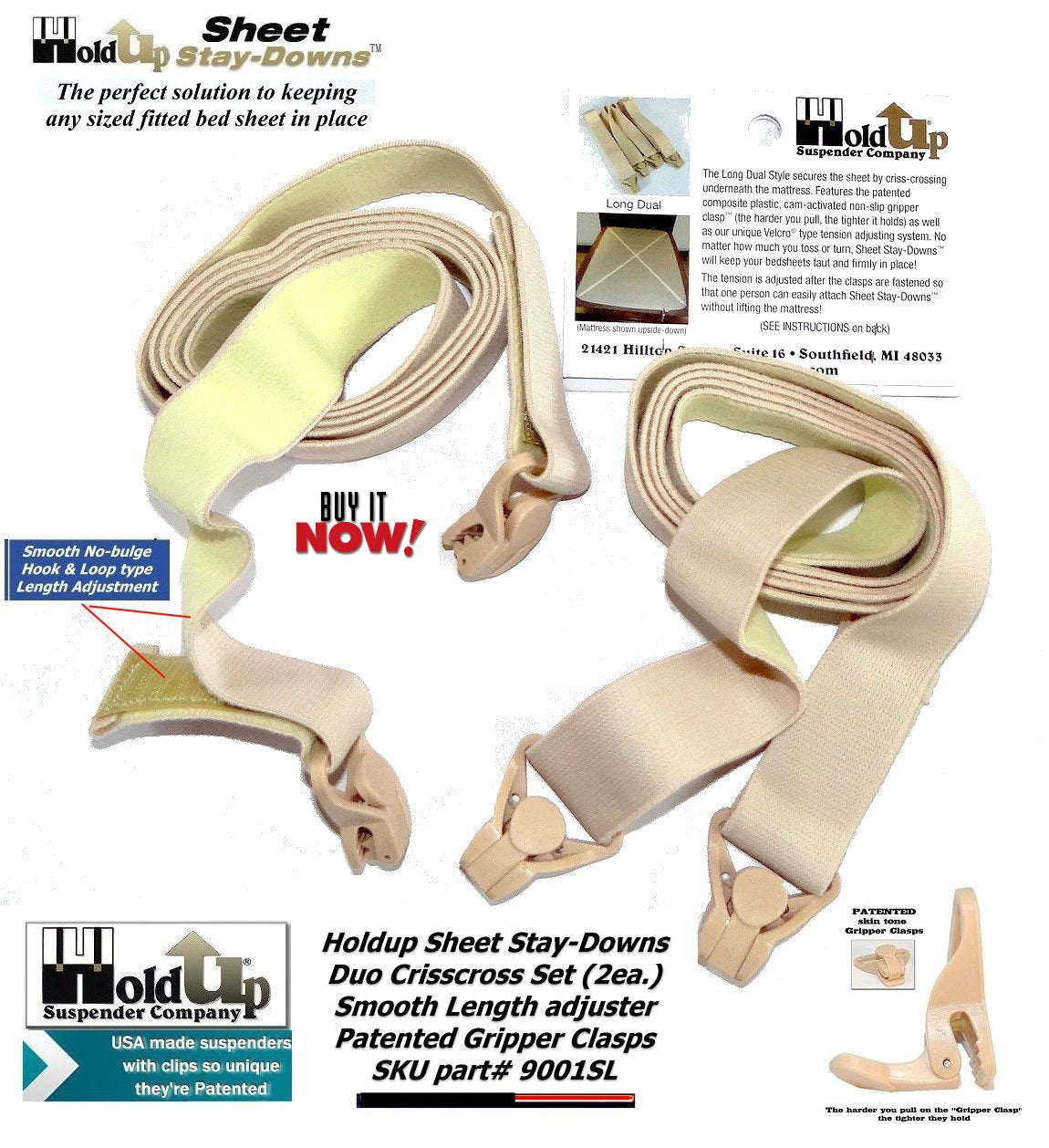 Hold-Up Crisscross Stay-Downs: US Patented Sheet Straps & Gripper