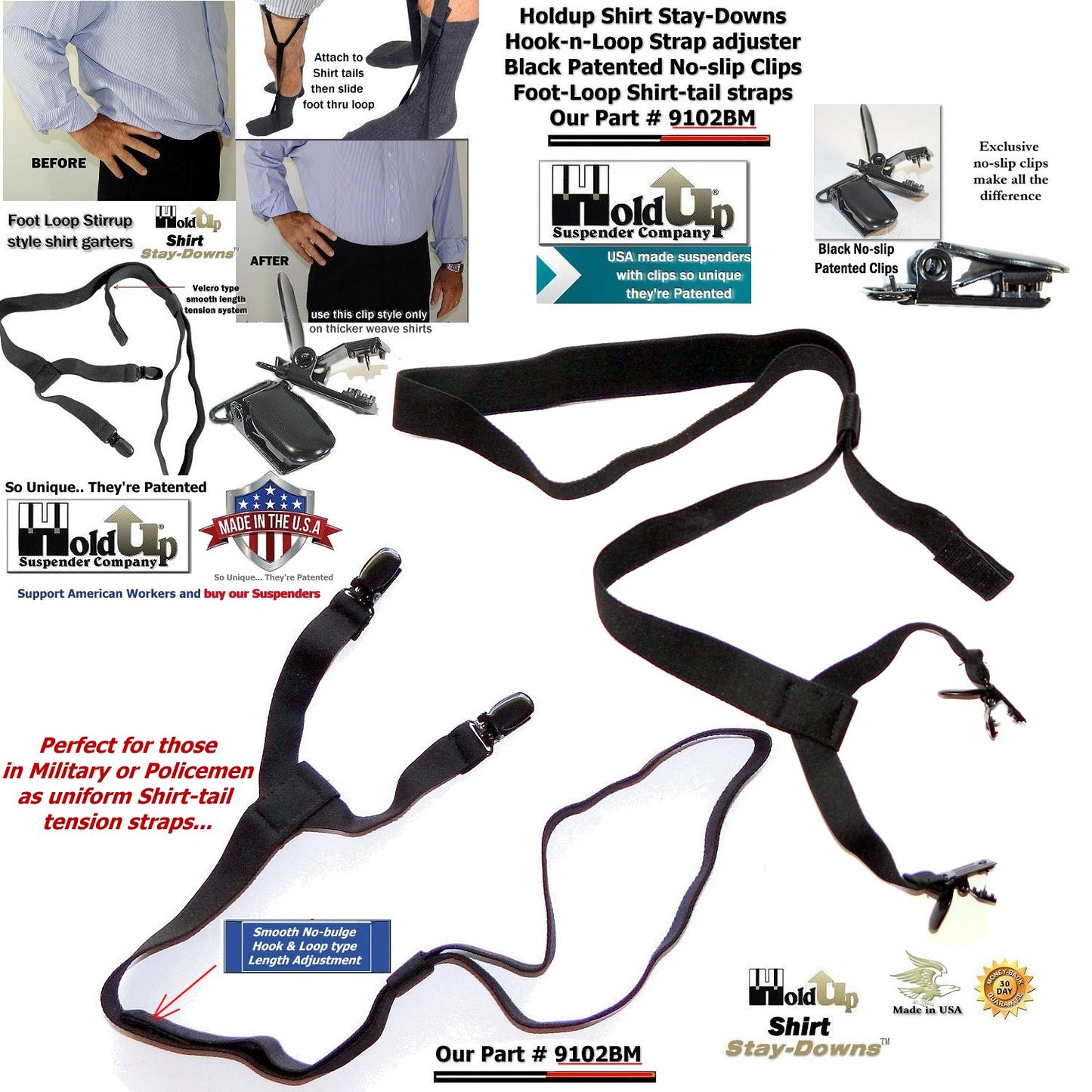 Holdup Shirttail Stay-Downs  Tightening Straps In Stirrup Style With Patented No-slip Metal Clips