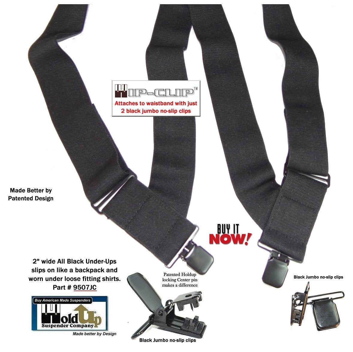 HoldUp Brand No-Slip Clip Black 2" Wide Under-Ups suspenders