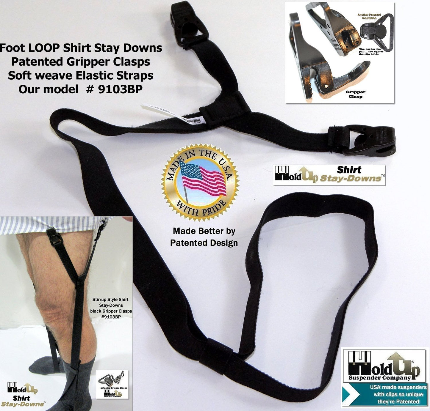 Holdup USA made Stirrup Style Shirt Tail Straps with Patented Gripper Clasps called Shirt Stay Downs