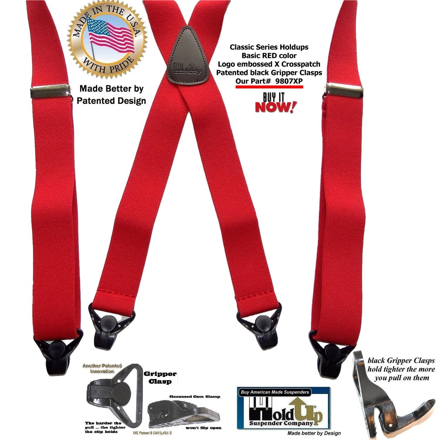 Classic RED Holdup X-back Suspenders with Patented strong black Gripper Clasps